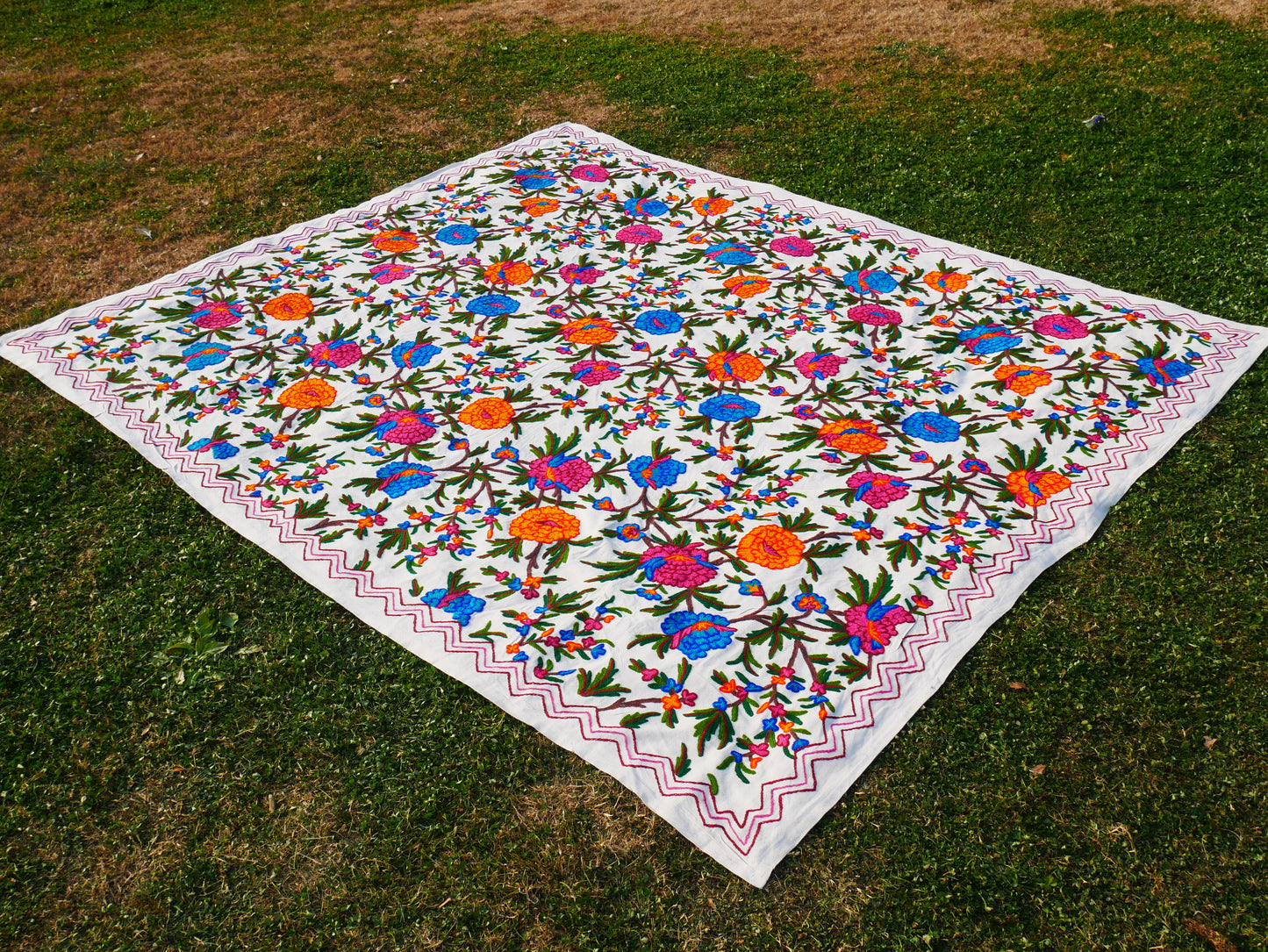 Bohemian bedding - luxury Indian bed throw | Kashmir Crewel embroidery - colorful bedspread, floral design