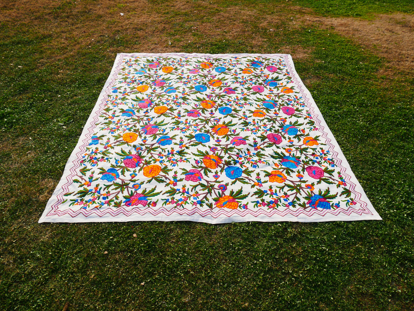 Bohemian bedding - luxury Indian bed throw | Kashmir Crewel embroidery - colorful bedspread, floral design