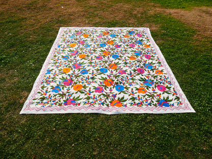 Bohemian bedding - luxury Indian bed throw | Kashmir Crewel embroidery - colorful bedspread, floral design