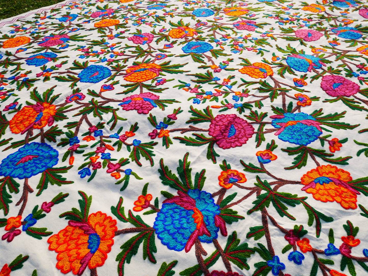Bohemian bedding - luxury Indian bed throw | Kashmir Crewel embroidery - colorful bedspread, floral design