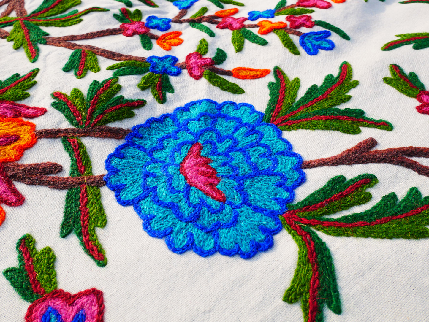 Bohemian bedding - luxury Indian bed throw | Kashmir Crewel embroidery - colorful bedspread, floral design