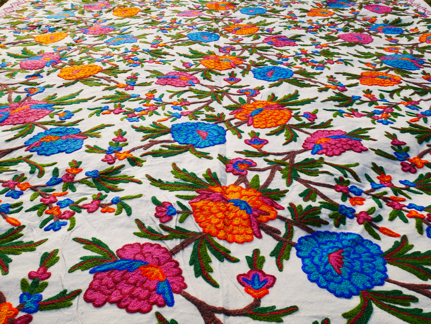 Bohemian bedding - luxury Indian bed throw | Kashmir Crewel embroidery - colorful bedspread, floral design