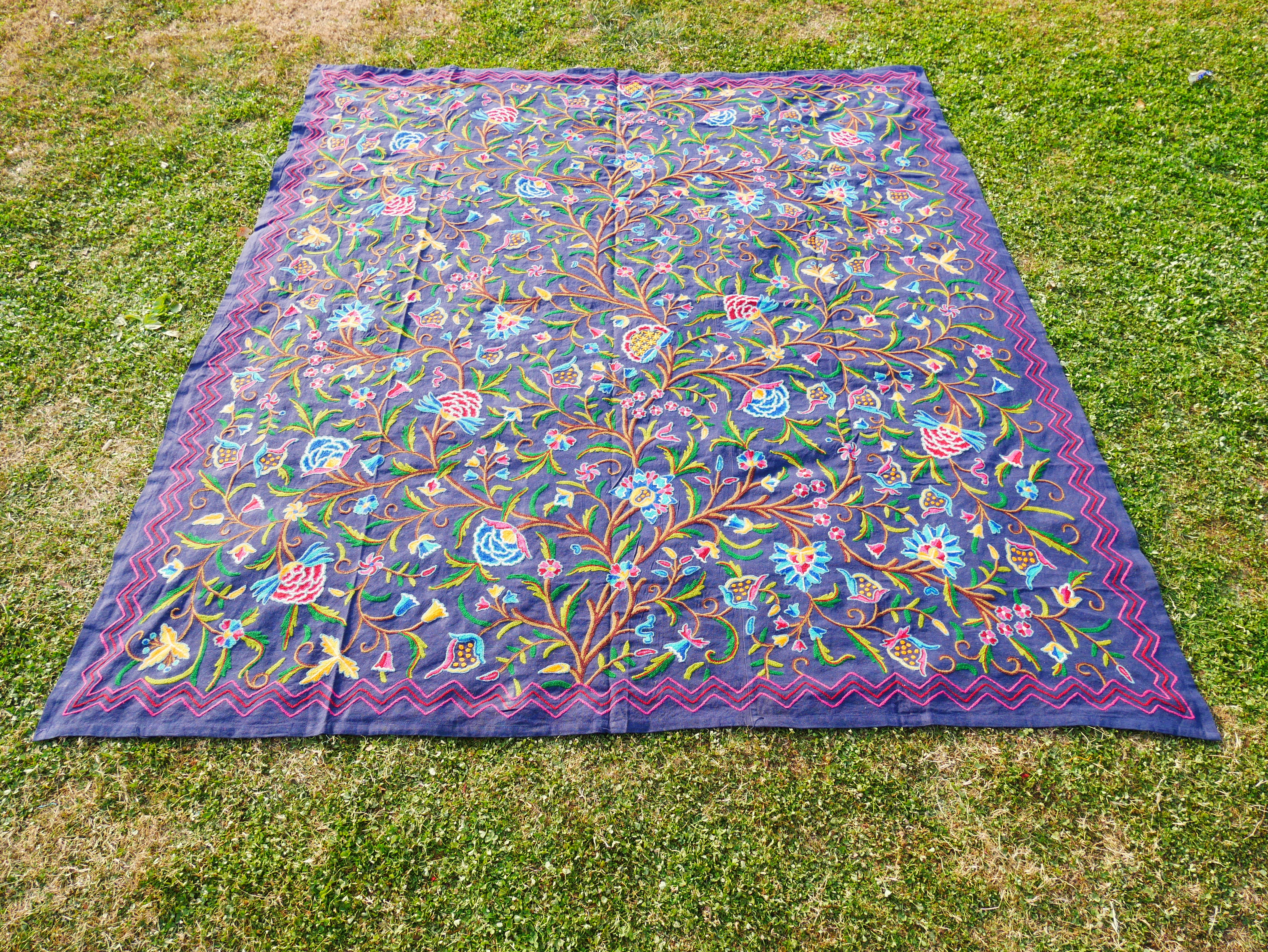 Hand embroidered bedspread "Dream of Kashmir" - artisan crafted double bed throw wool on cotton