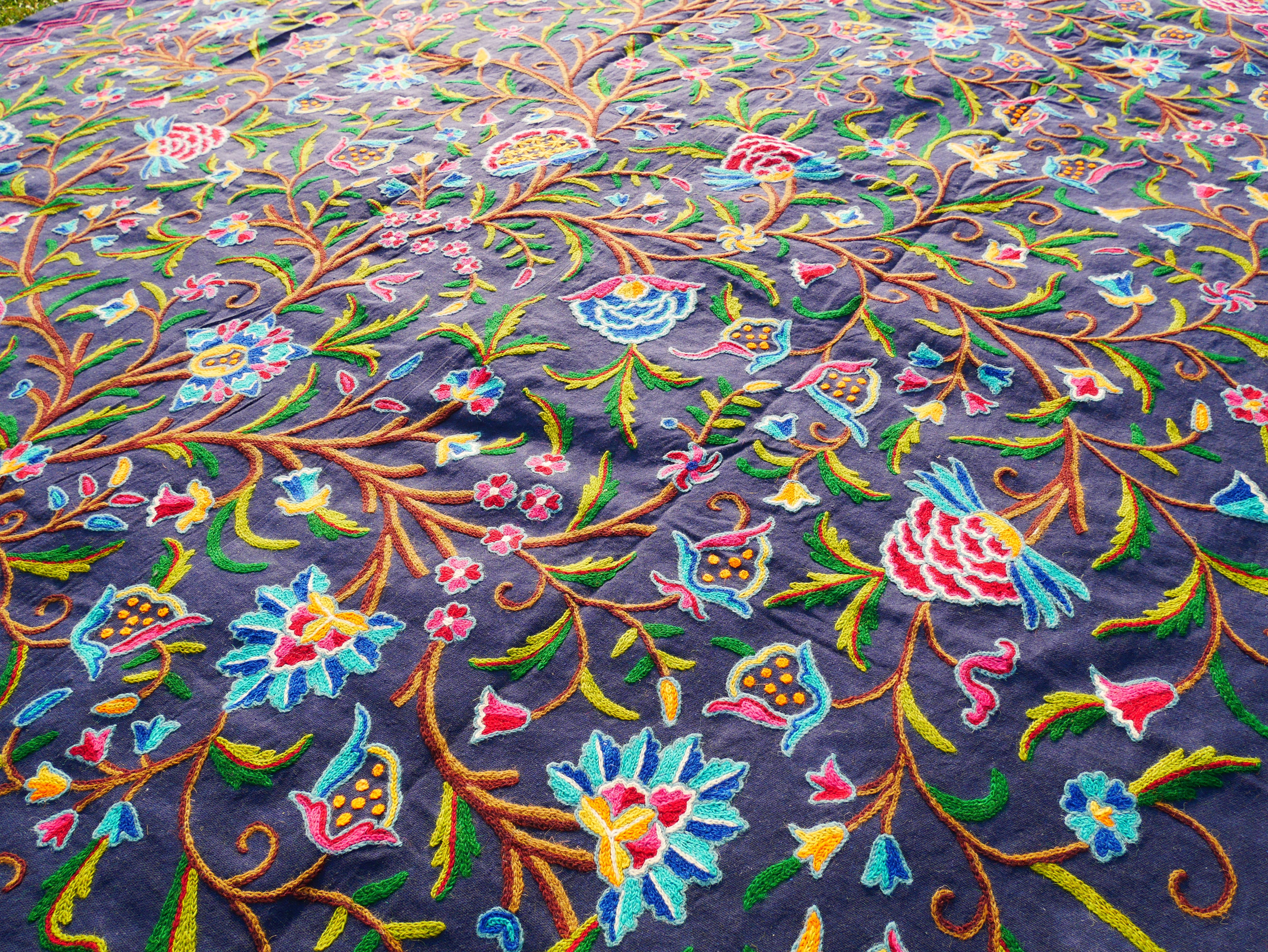 Hand embroidered bedspread "Dream of Kashmir" - artisan crafted double bed throw wool on cotton