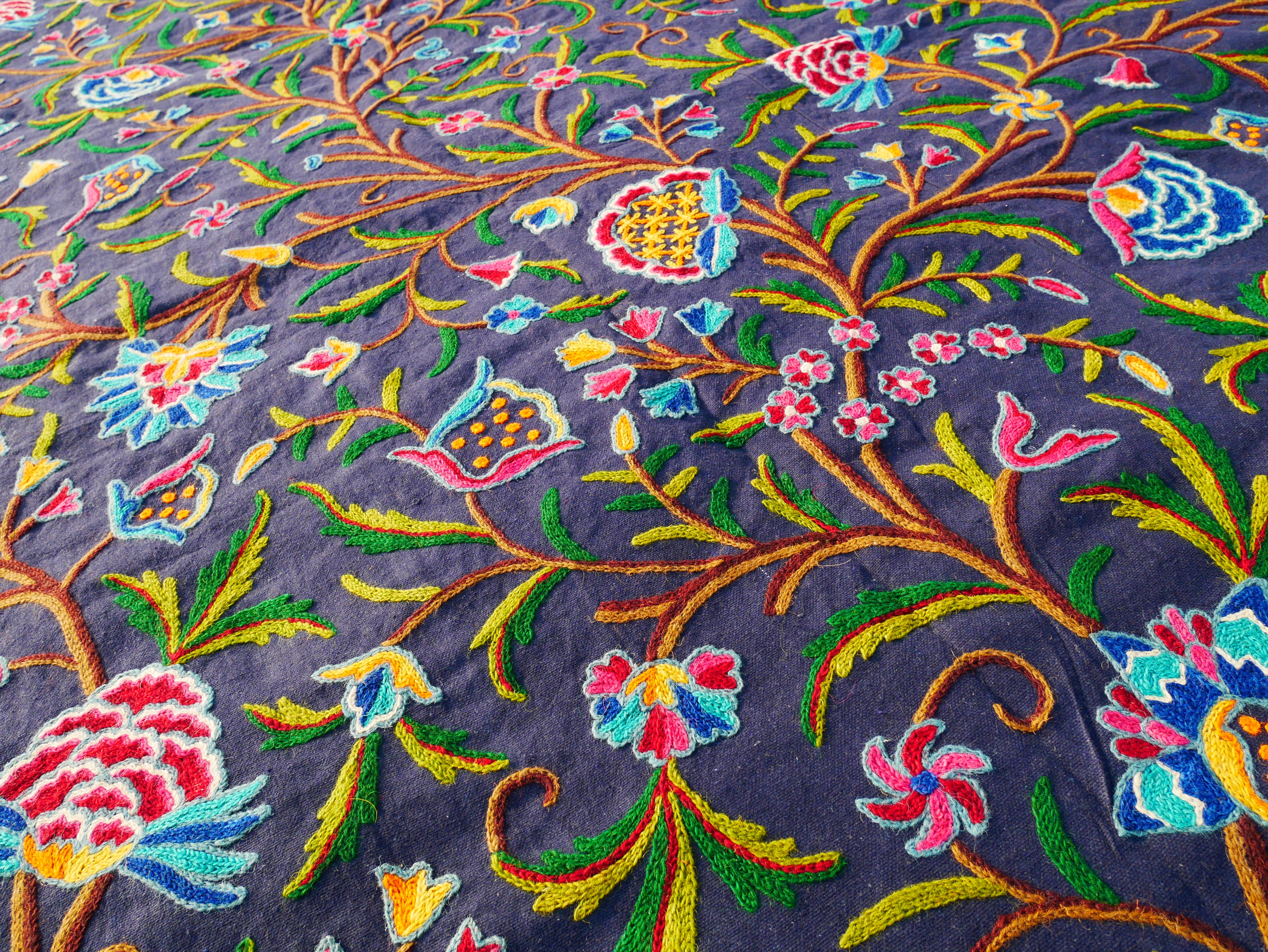 Hand embroidered bedspread "Dream of Kashmir" - artisan crafted double bed throw wool on cotton