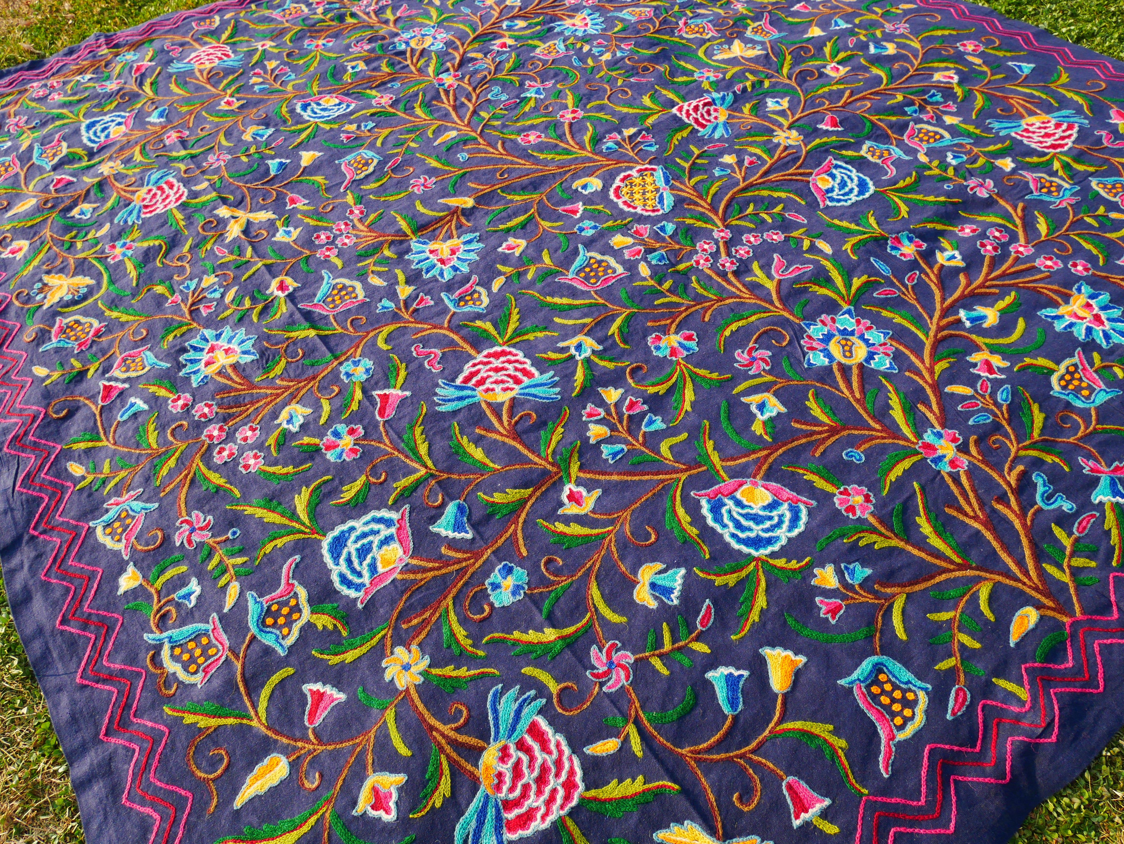 Hand embroidered bedspread "Dream of Kashmir" - artisan crafted double bed throw wool on cotton