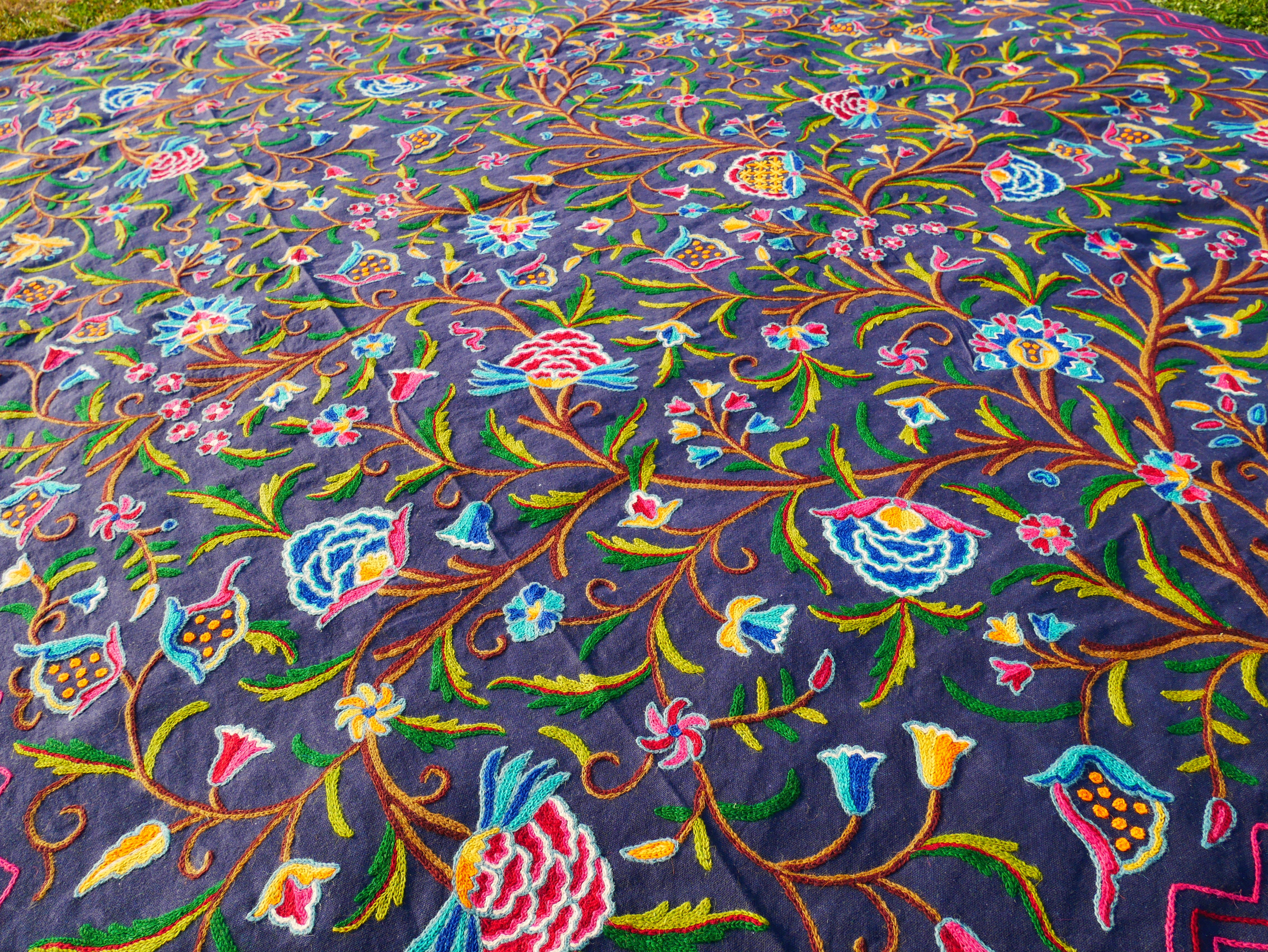 Hand embroidered bedspread "Dream of Kashmir" - artisan crafted double bed throw wool on cotton