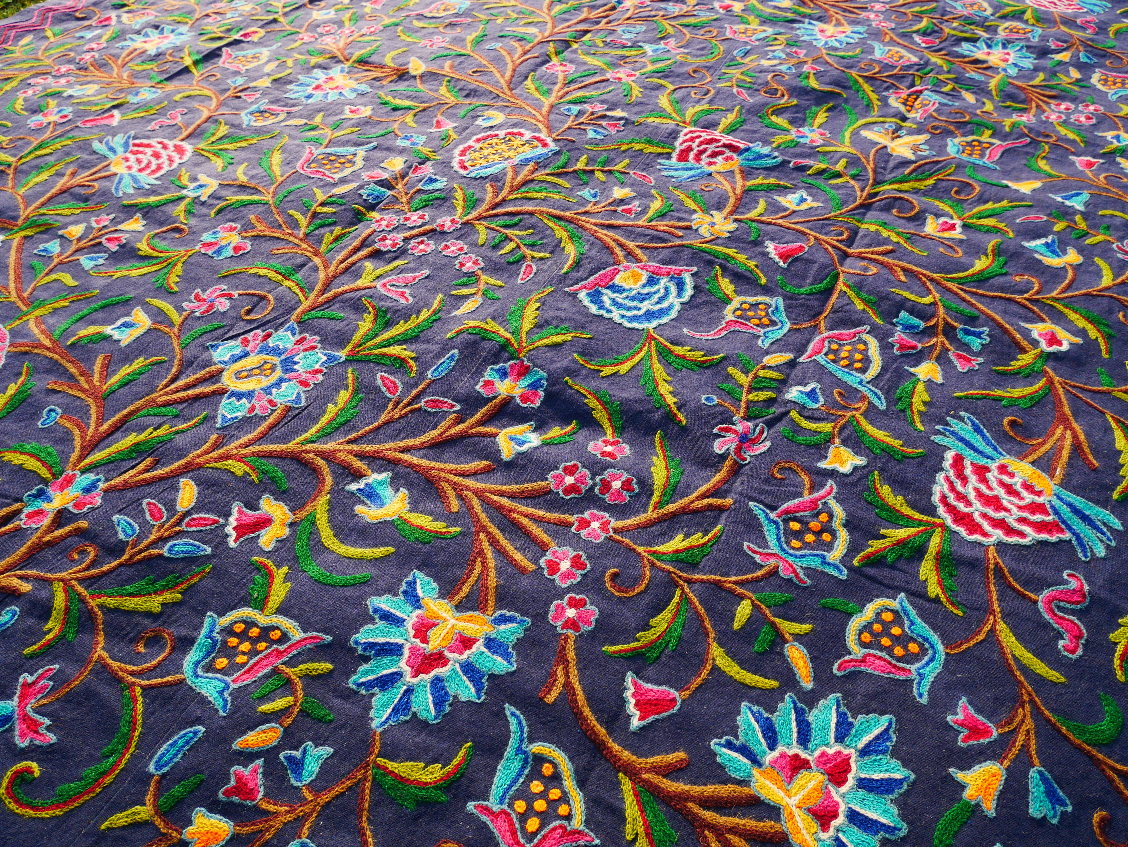 Hand embroidered bedspread "Dream of Kashmir" - artisan crafted double bed throw wool on cotton