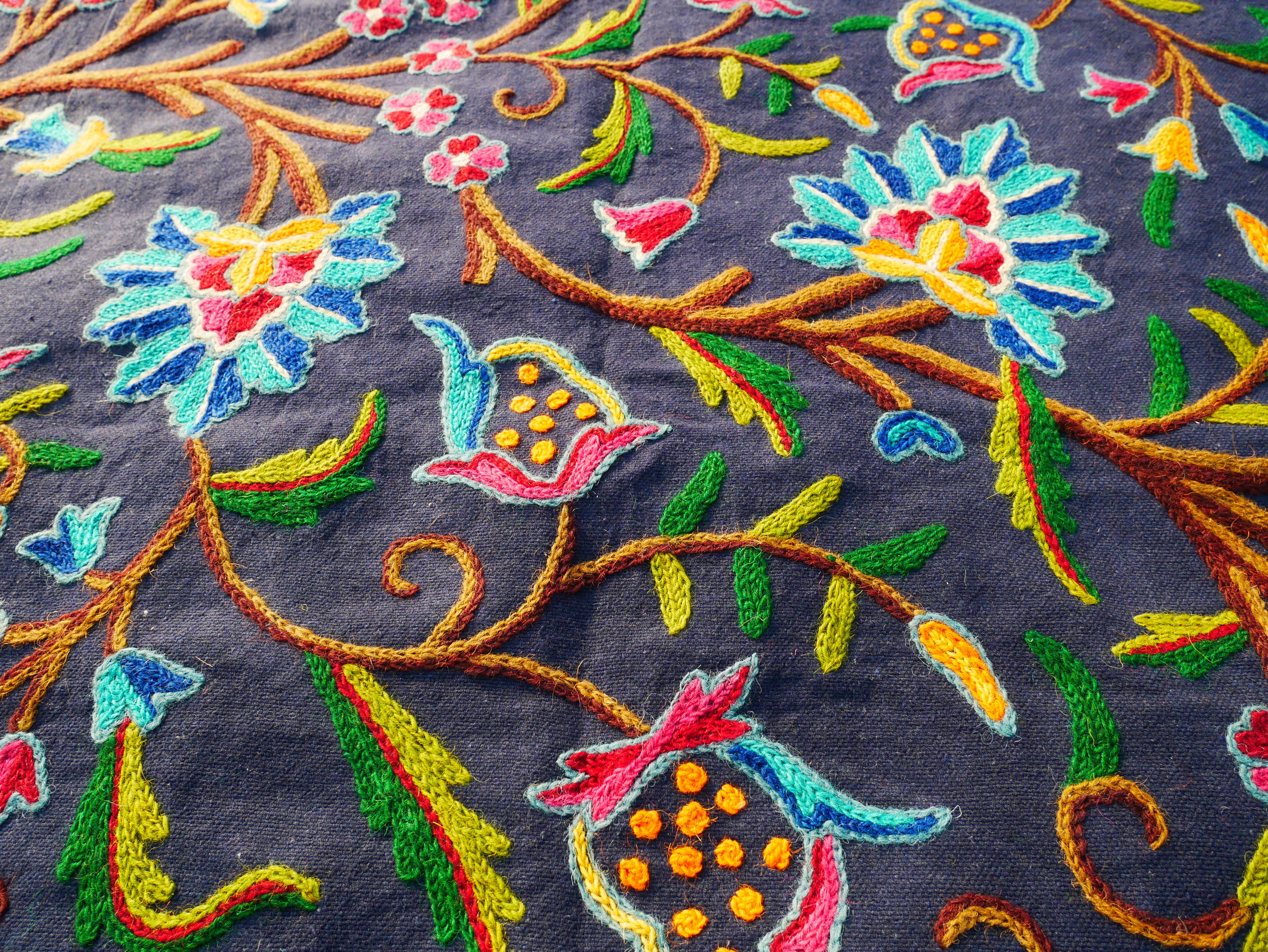 Hand embroidered bedspread "Dream of Kashmir" - artisan crafted double bed throw wool on cotton