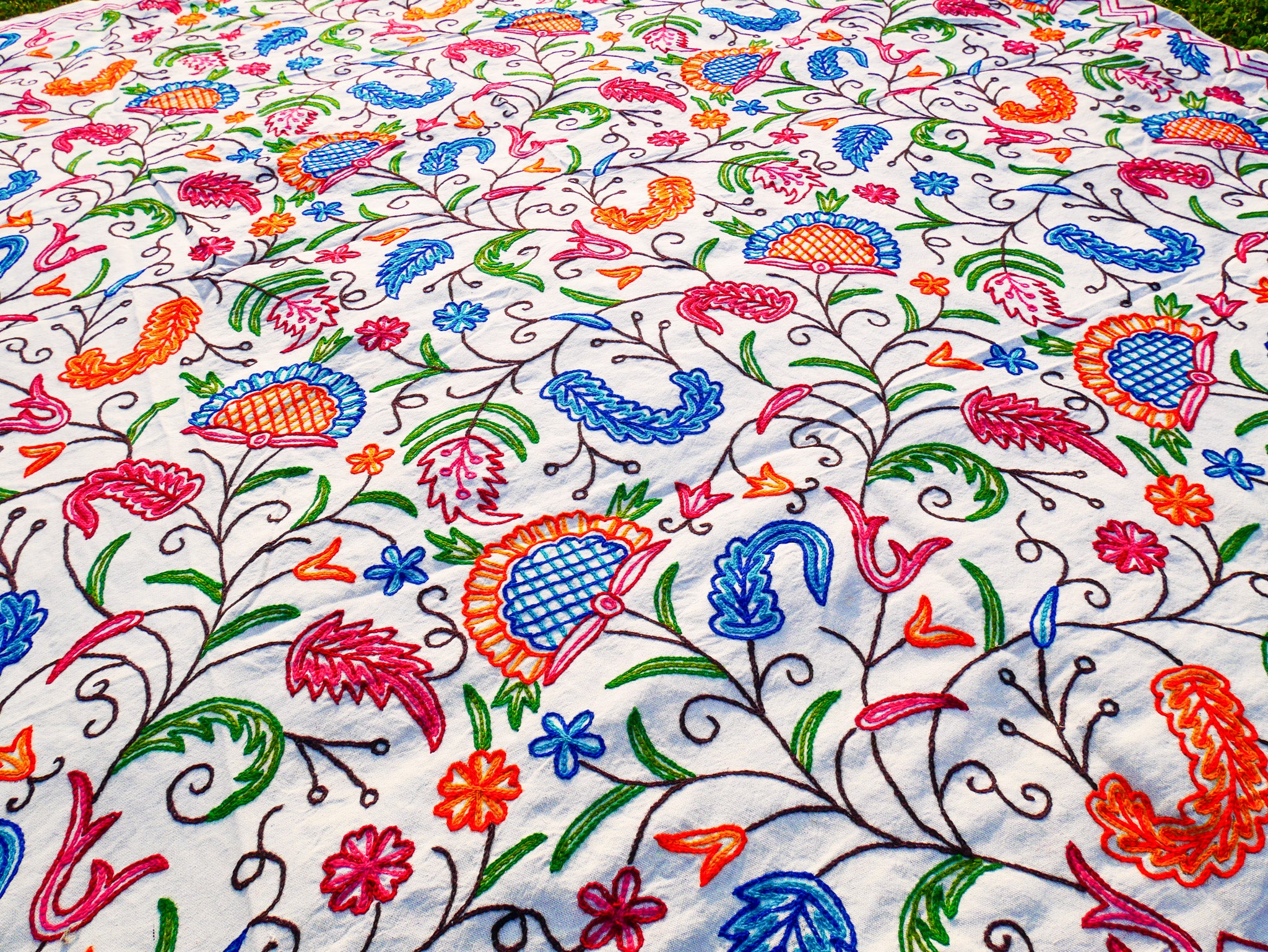 Bohemian bedding - luxury Indian bed throw | Kashmir Crewel embroidery - colorful bedspread, floral design