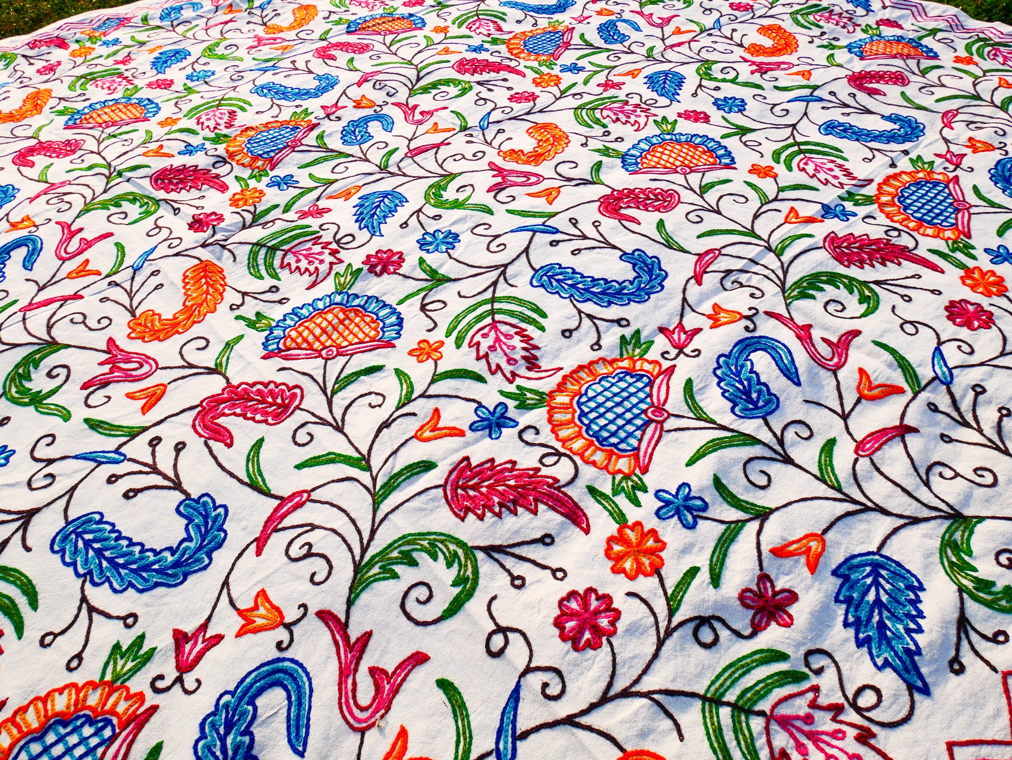 Bohemian bedding - luxury Indian bed throw | Kashmir Crewel embroidery - colorful bedspread, floral design