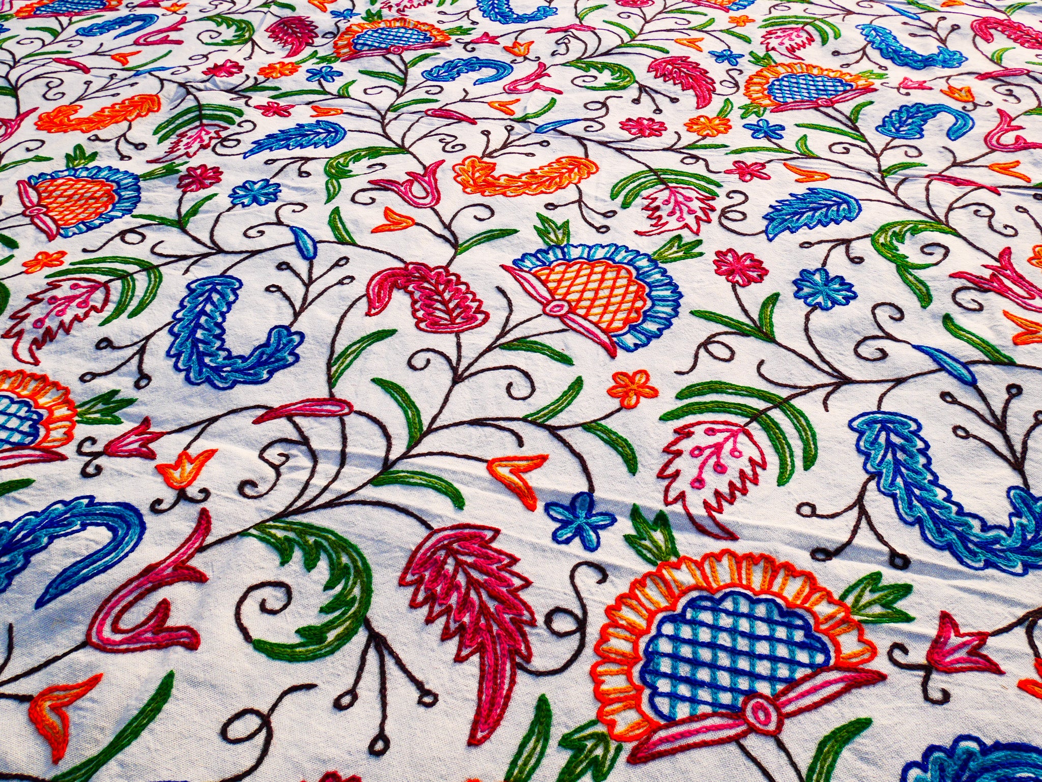 Bohemian bedding - luxury Indian bed throw | Kashmir Crewel embroidery - colorful bedspread, floral design