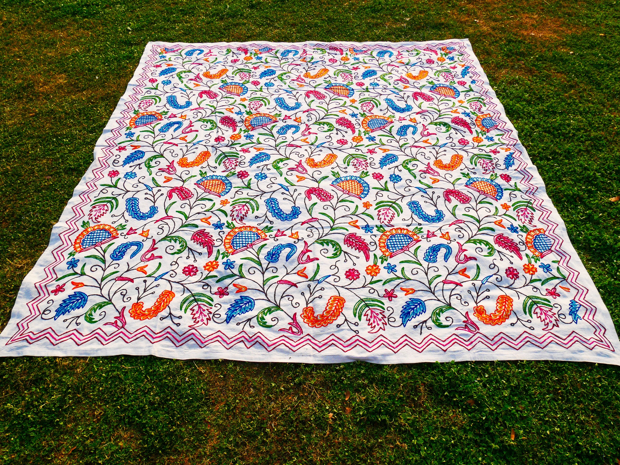 Bohemian bedding - luxury Indian bed throw | Kashmir Crewel embroidery - colorful bedspread, floral design