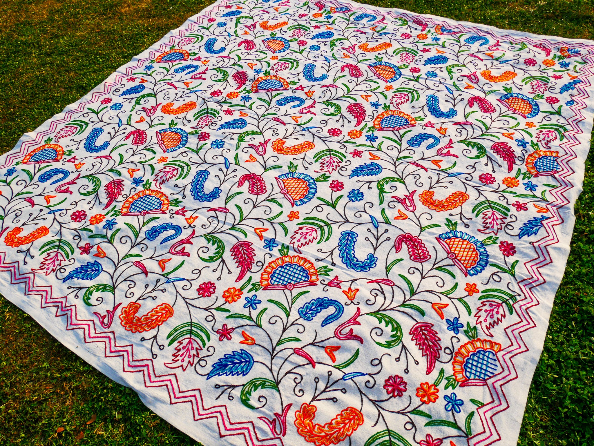 Bohemian bedding - luxury Indian bed throw | Kashmir Crewel embroidery - colorful bedspread, floral design