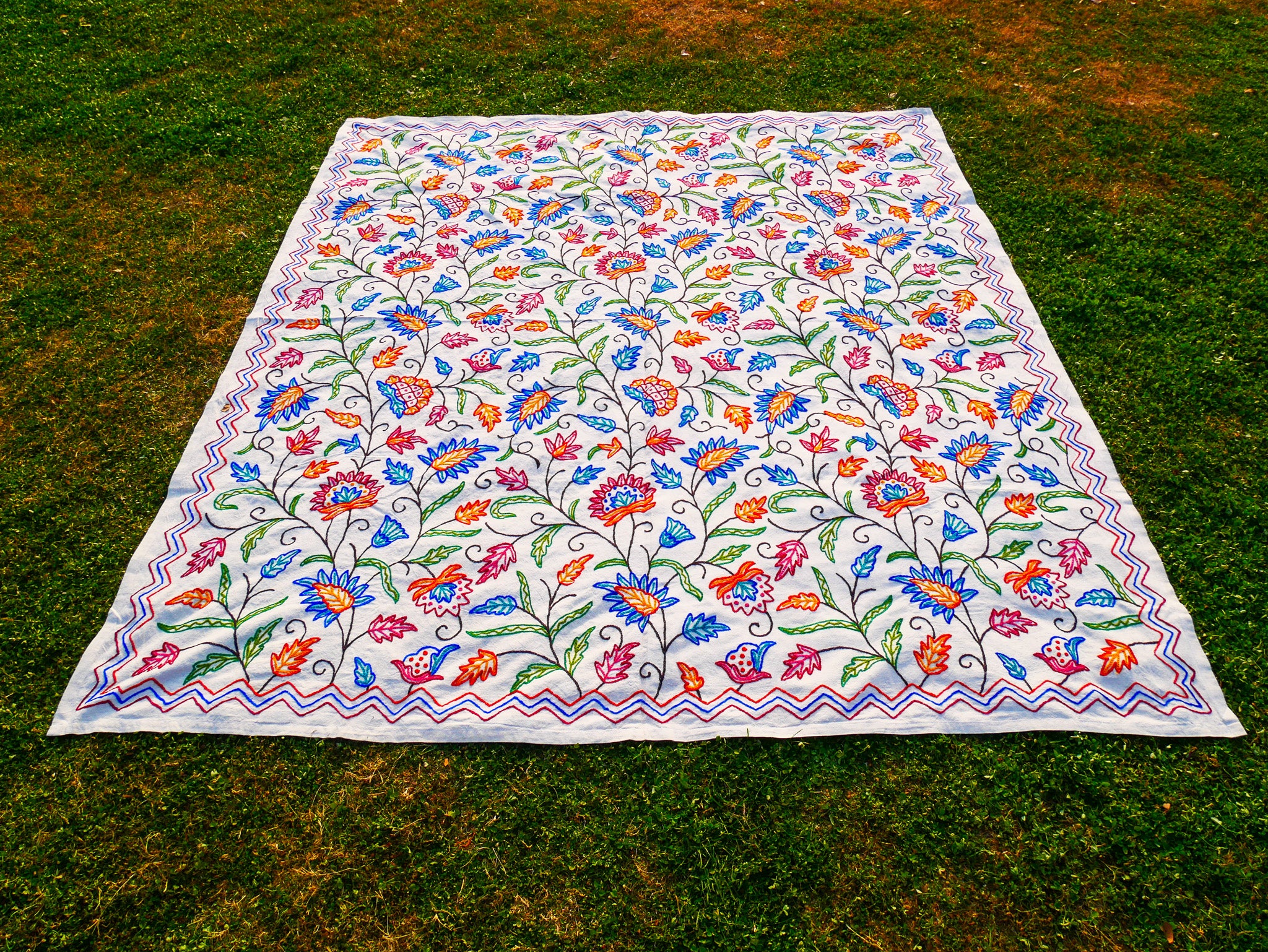 Bohemian bedding - luxury Indian bed throw | Kashmir Crewel embroidery - colorful bedspread, floral design