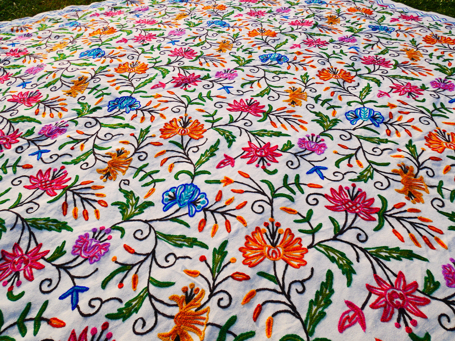 Bohemian bedding - luxury Indian bed throw | Kashmir Crewel embroidery - colorful bedspread, floral design