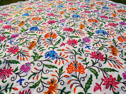 Bohemian bedding - luxury Indian bed throw | Kashmir Crewel embroidery - colorful bedspread, floral design