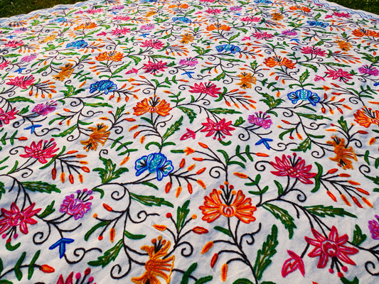 Bohemian bedding - luxury Indian bed throw | Kashmir Crewel embroidery - colorful bedspread, floral design