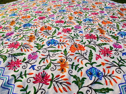 Bohemian bedding - luxury Indian bed throw | Kashmir Crewel embroidery - colorful bedspread, floral design