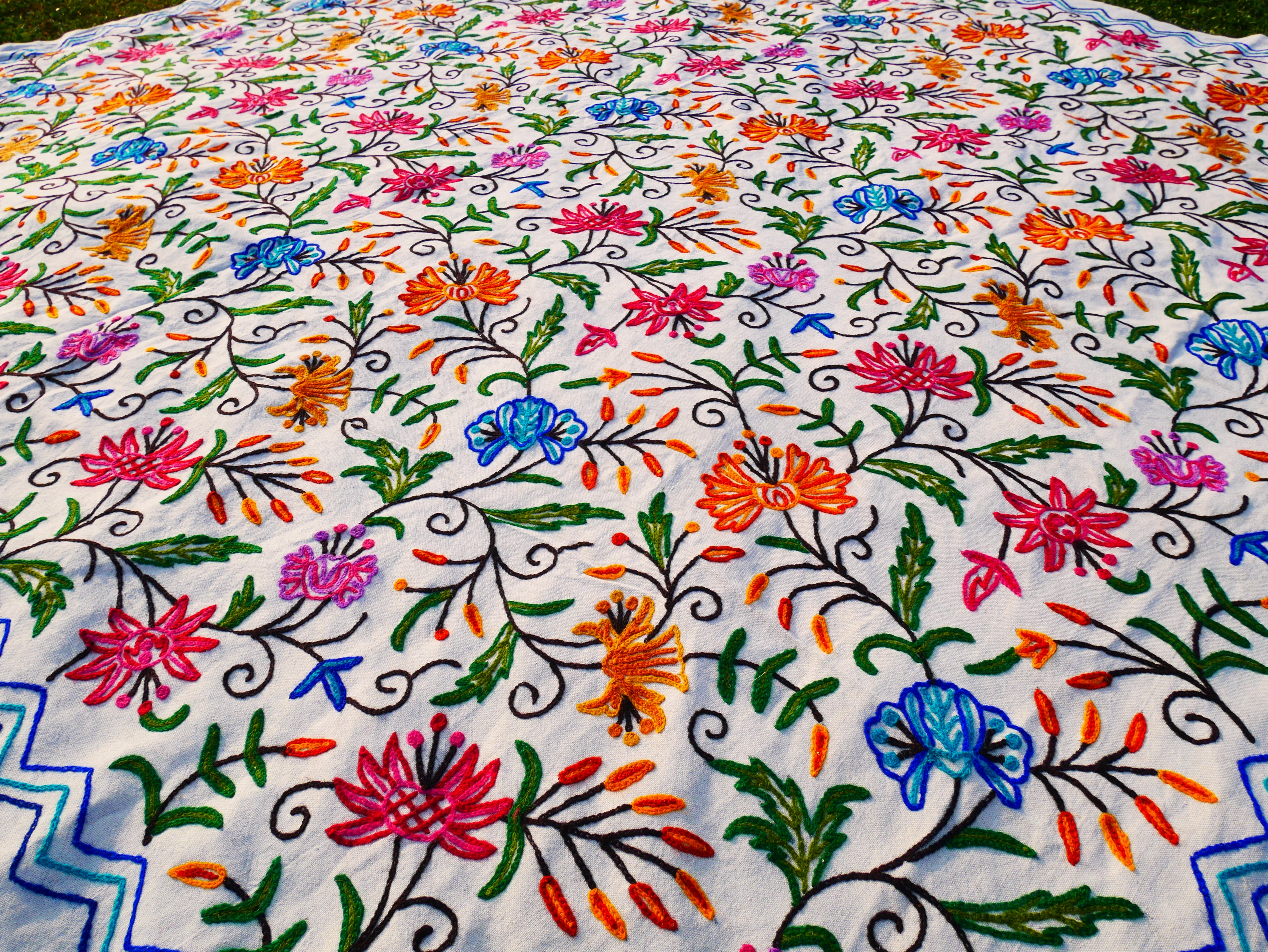 Bohemian bedding - luxury Indian bed throw | Kashmir Crewel embroidery - colorful bedspread, floral design