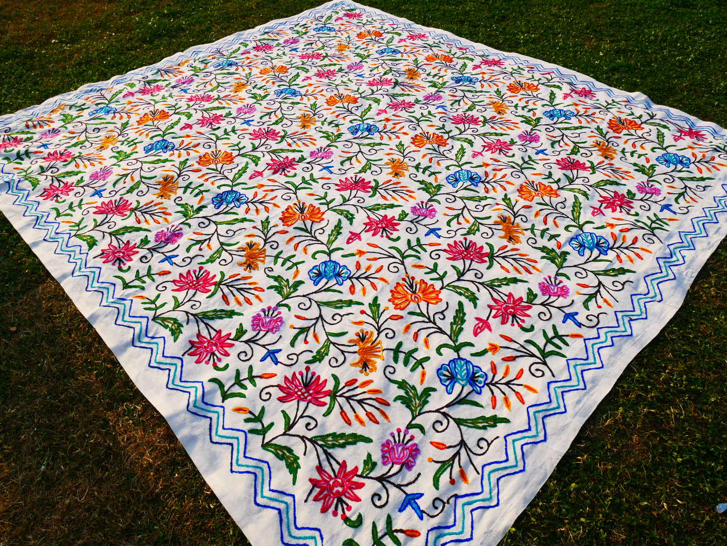 Bohemian bedding - luxury Indian bed throw | Kashmir Crewel embroidery - colorful bedspread, floral design