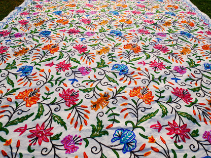Bohemian bedding - luxury Indian bed throw | Kashmir Crewel embroidery - colorful bedspread, floral design