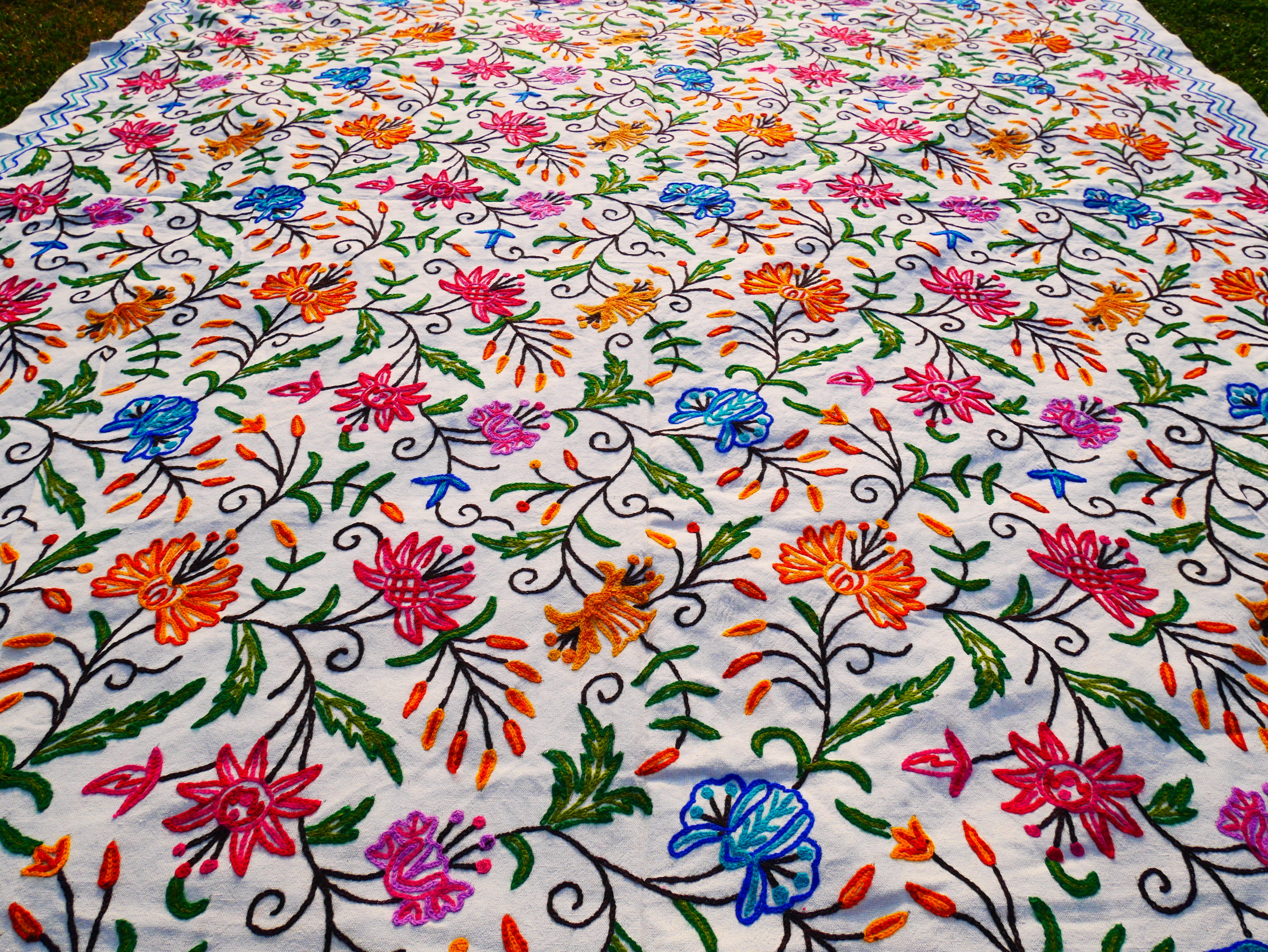 Bohemian bedding - luxury Indian bed throw | Kashmir Crewel embroidery - colorful bedspread, floral design