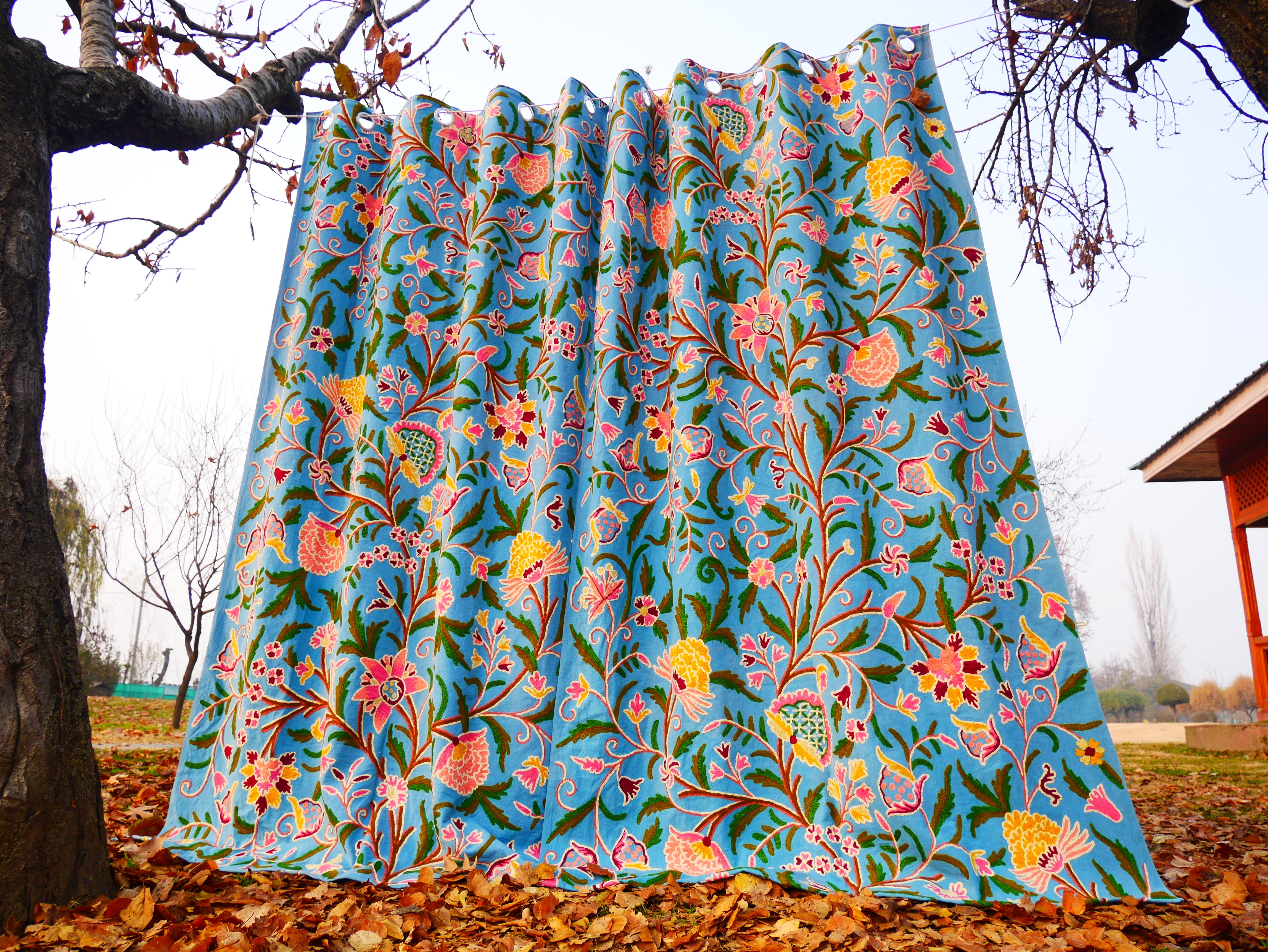 Cortina floral bordada a mano de Cachemira – Cortina bohemia de algodón y lana para dormitorio