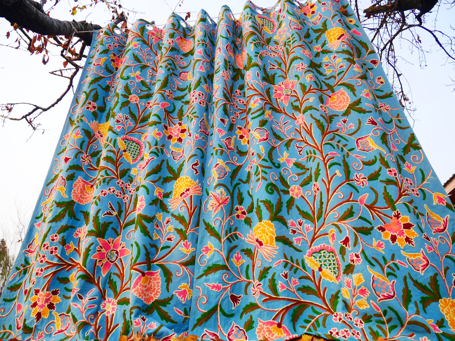 Hand-Embroidered Floral Curtain from Kashmir – Cotton & Wool Boho Bedroom Curtain