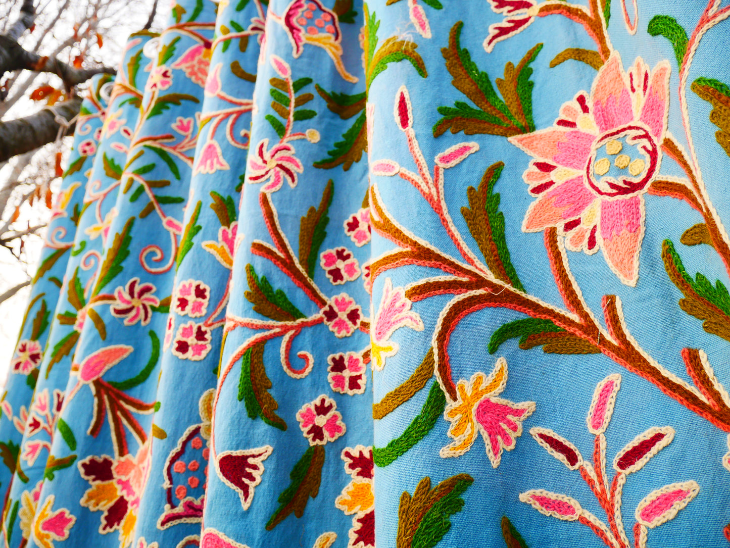 Hand-Embroidered Floral Curtain from Kashmir – Cotton & Wool Boho Bedroom Curtain