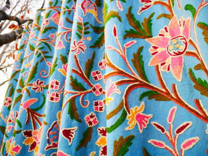 Hand-Embroidered Floral Curtain from Kashmir – Cotton & Wool Boho Bedroom Curtain