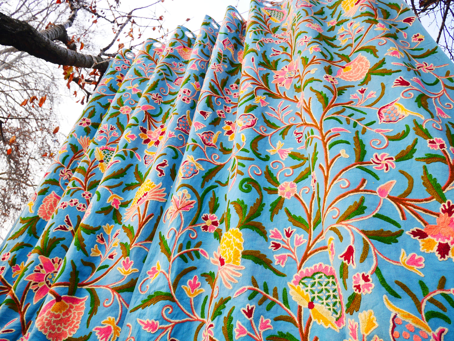 Hand-Embroidered Floral Curtain from Kashmir – Cotton & Wool Boho Bedroom Curtain