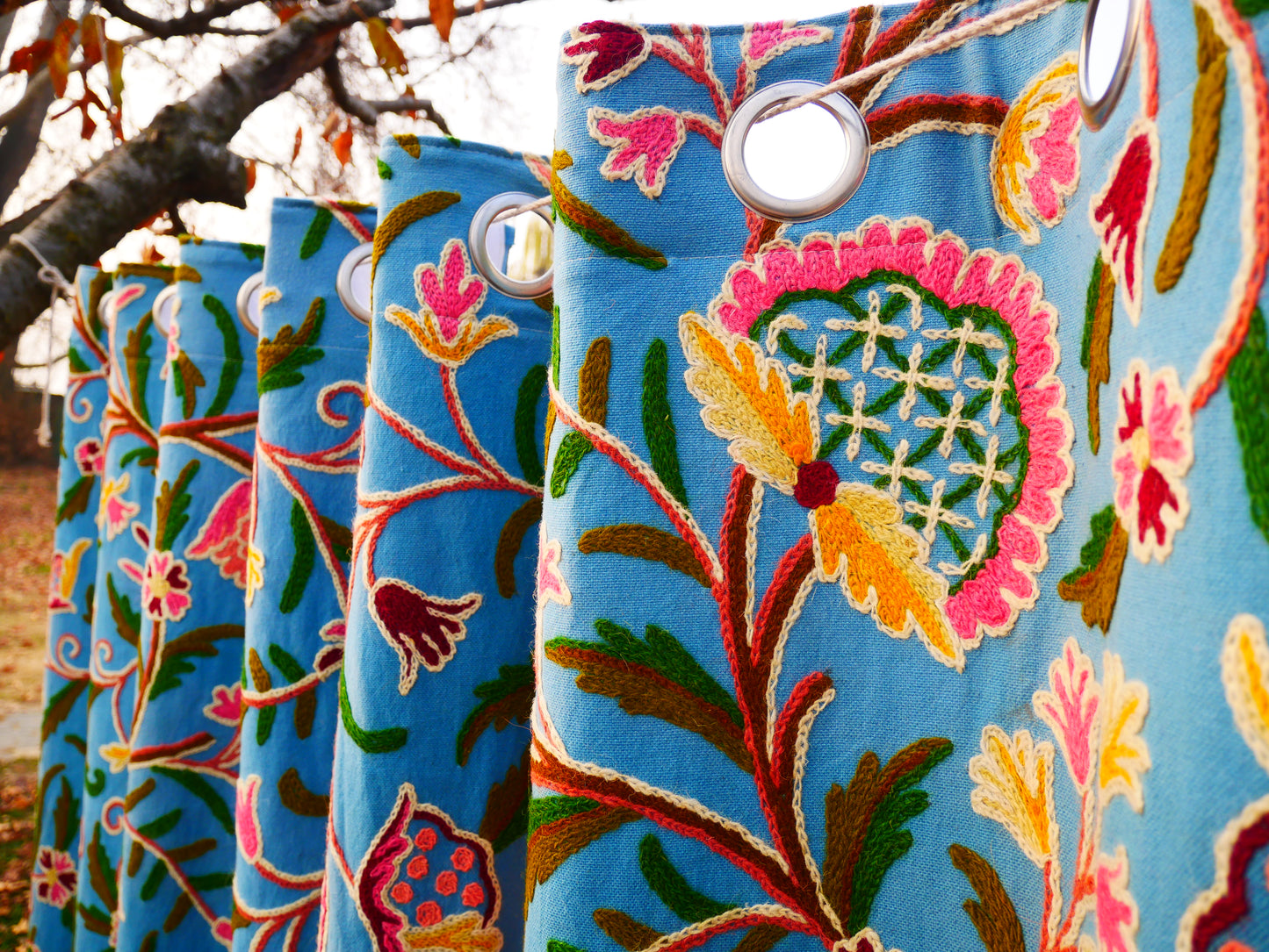 Hand-Embroidered Floral Curtain from Kashmir – Cotton & Wool Boho Bedroom Curtain