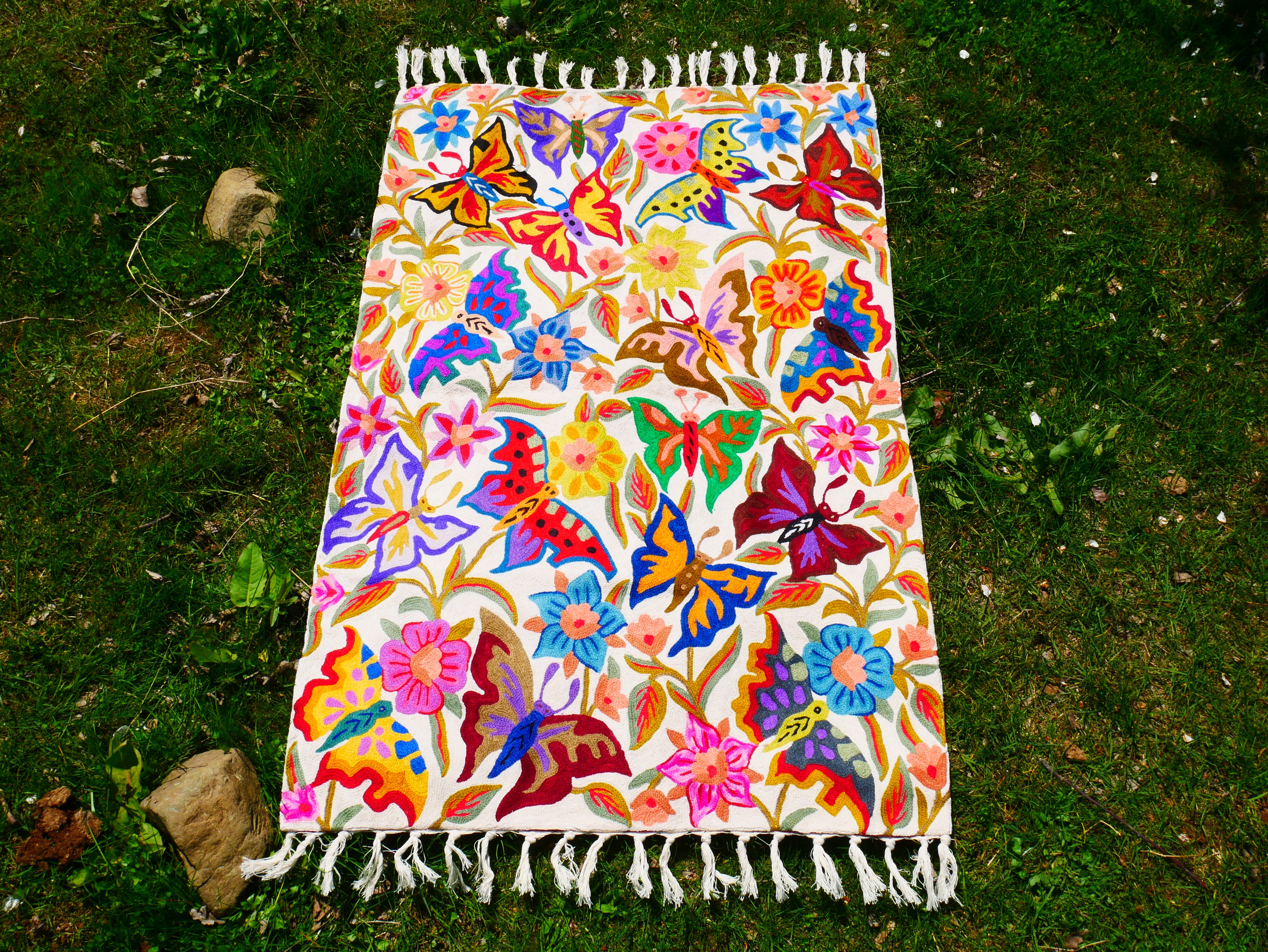 Kashmiri wool rug 2x3 Butterfly embroidery rug - decorative wall or accent rug