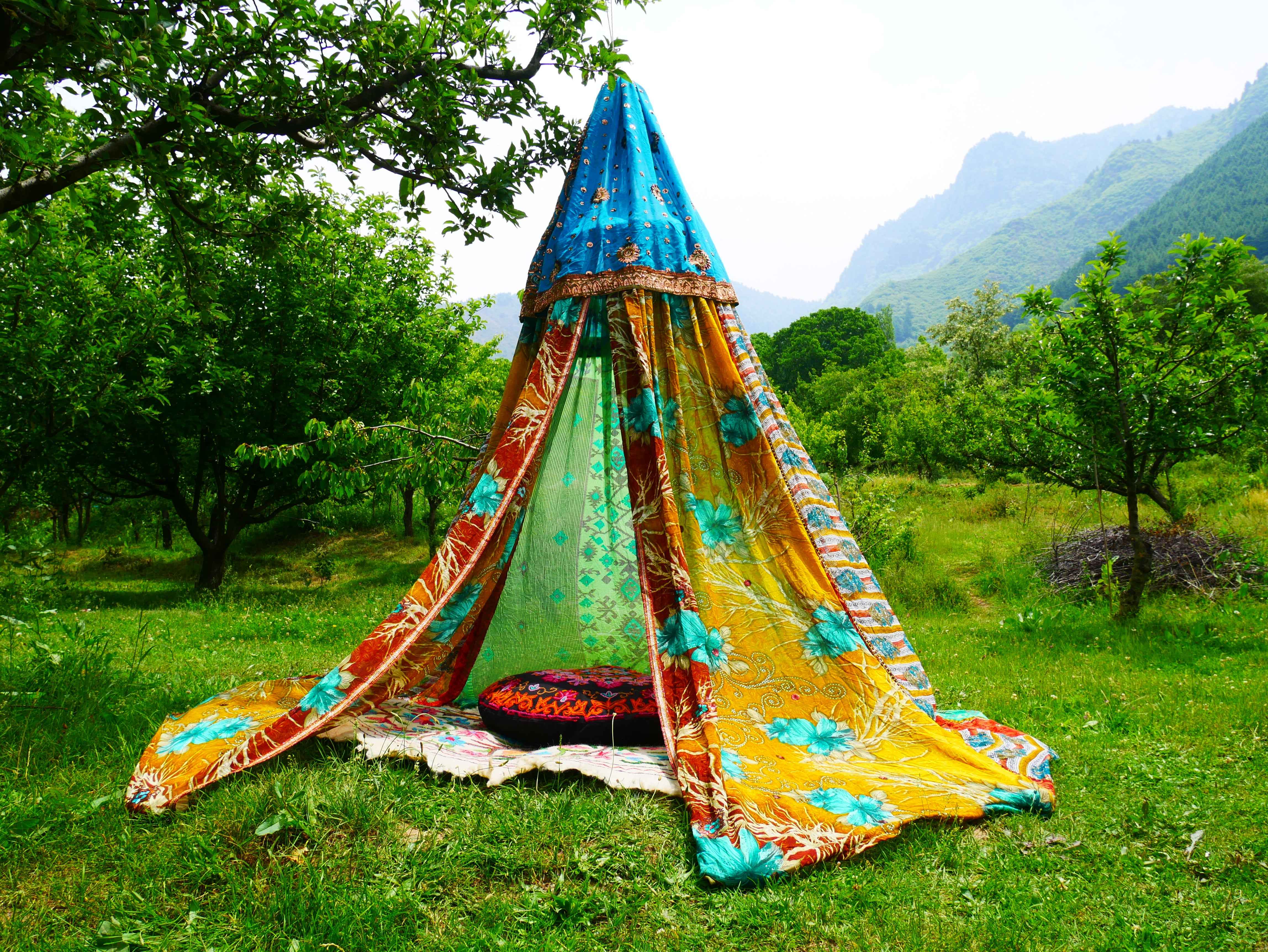 Shanti Canopy Saree tent - bed canopy | Kashmiri baldachin for Meditation Spaces or Reading nooks