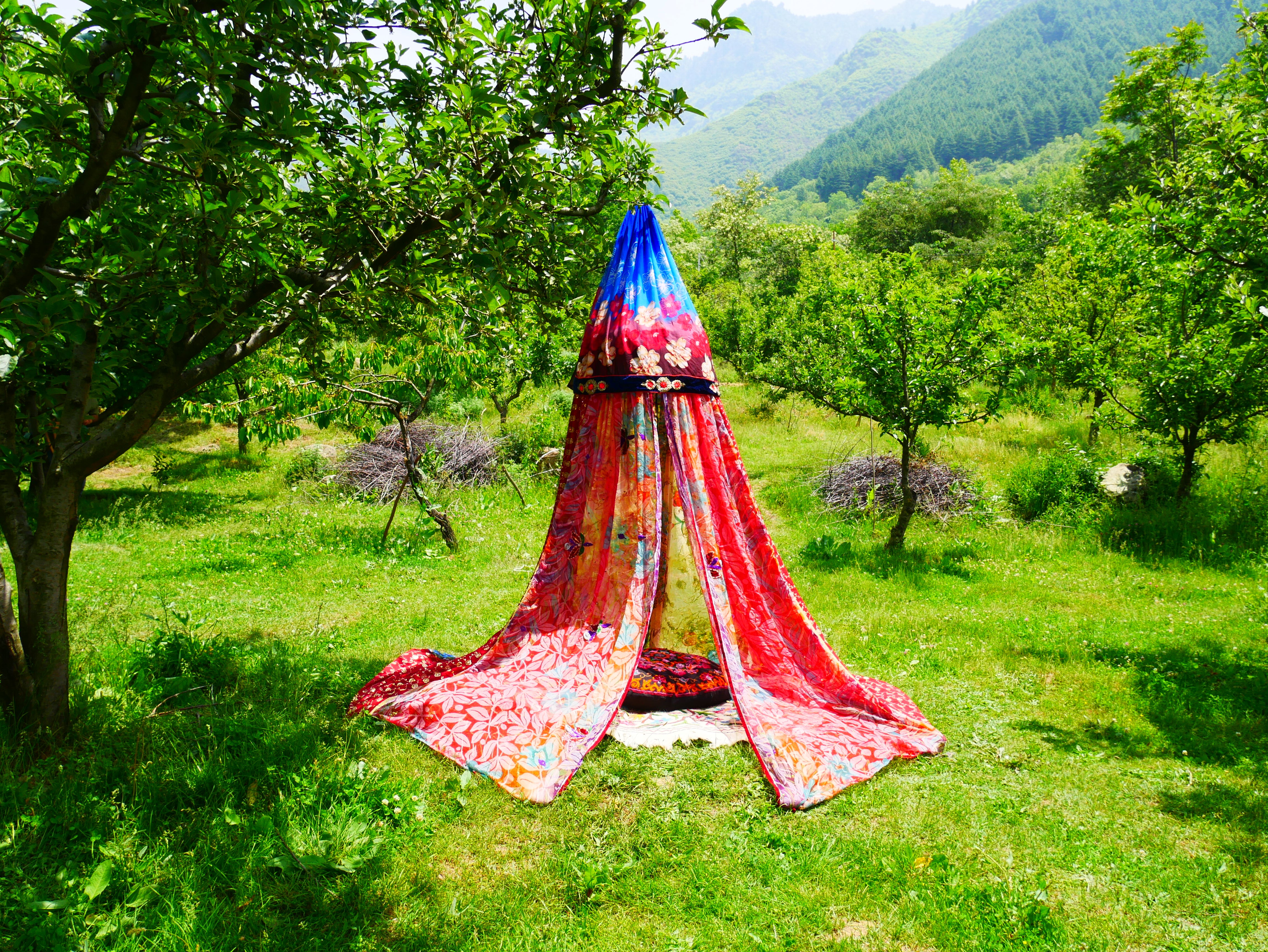 Shanti Canopy Saree tent - bed canopy | Kashmiri baldachin for Meditation Spaces or Reading nooks