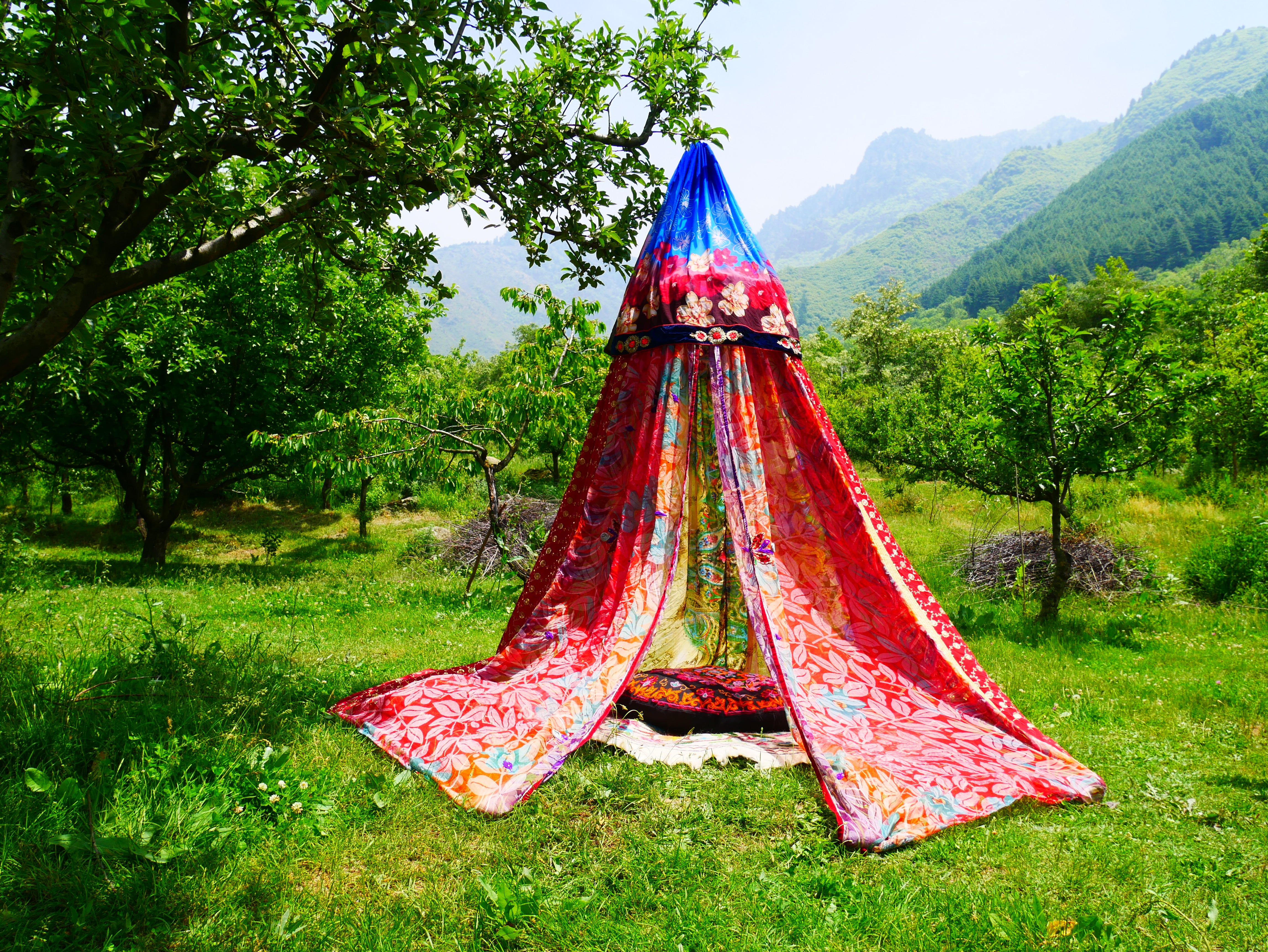 Shanti Canopy Saree tent - bed canopy | Kashmiri baldachin for Meditation Spaces or Reading nooks