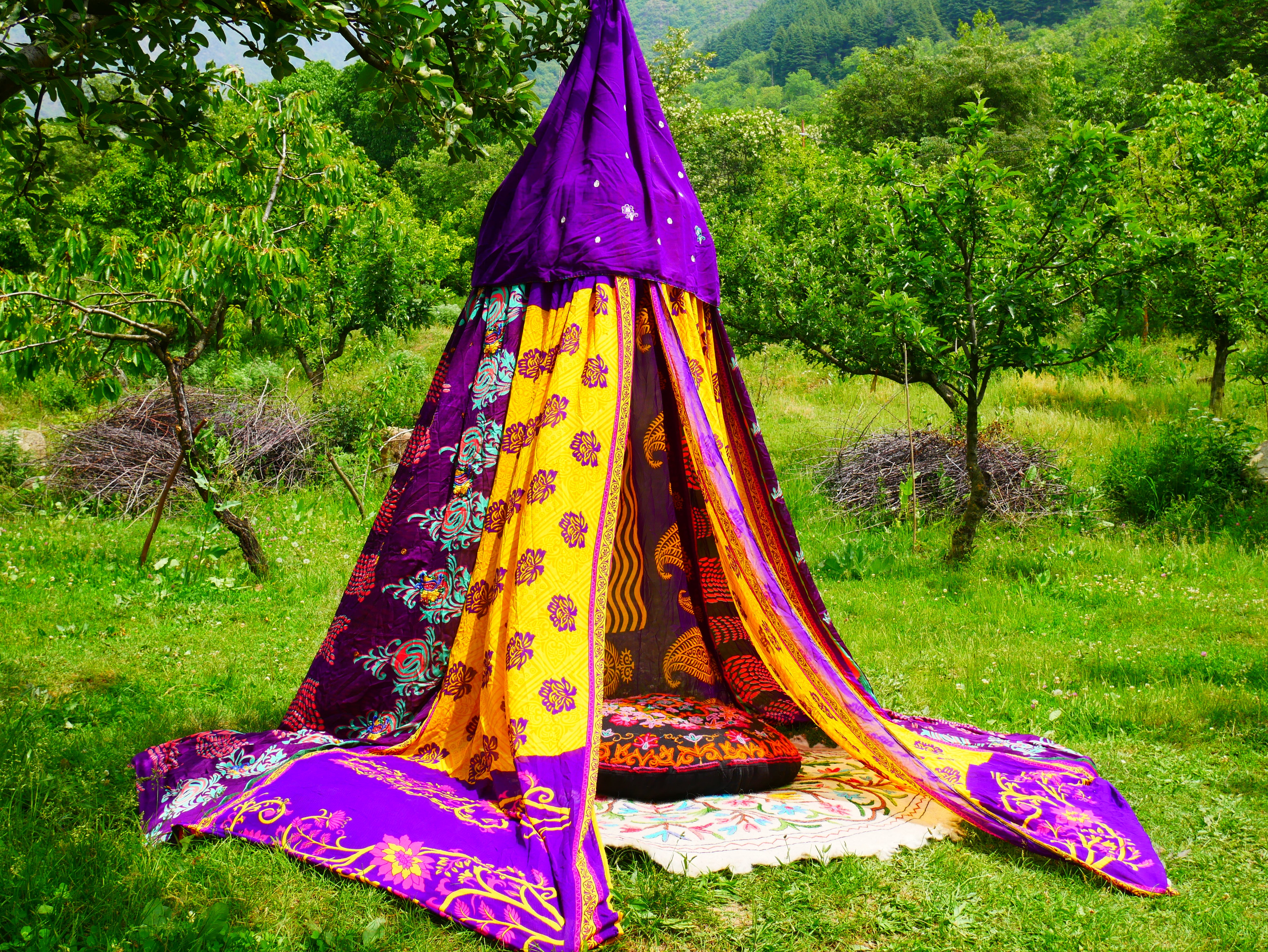 Kashmiri Canopy Saree tent - Bed Canopy  | Festival or Glamping decor - Shanti baldachin for Meditation Spaces