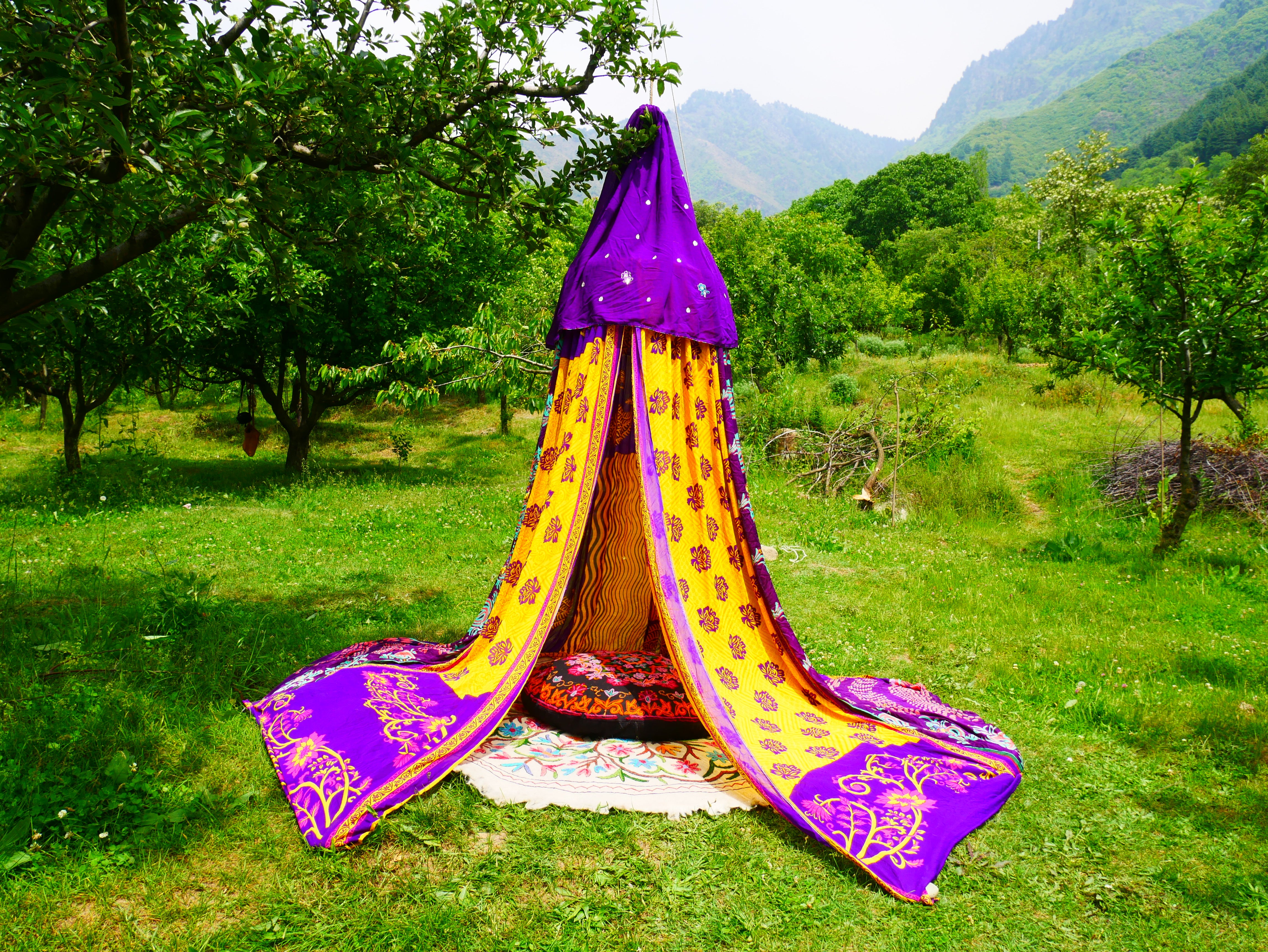Kashmiri Canopy Saree tent - Bed Canopy  | Festival or Glamping decor - Shanti baldachin for Meditation Spaces