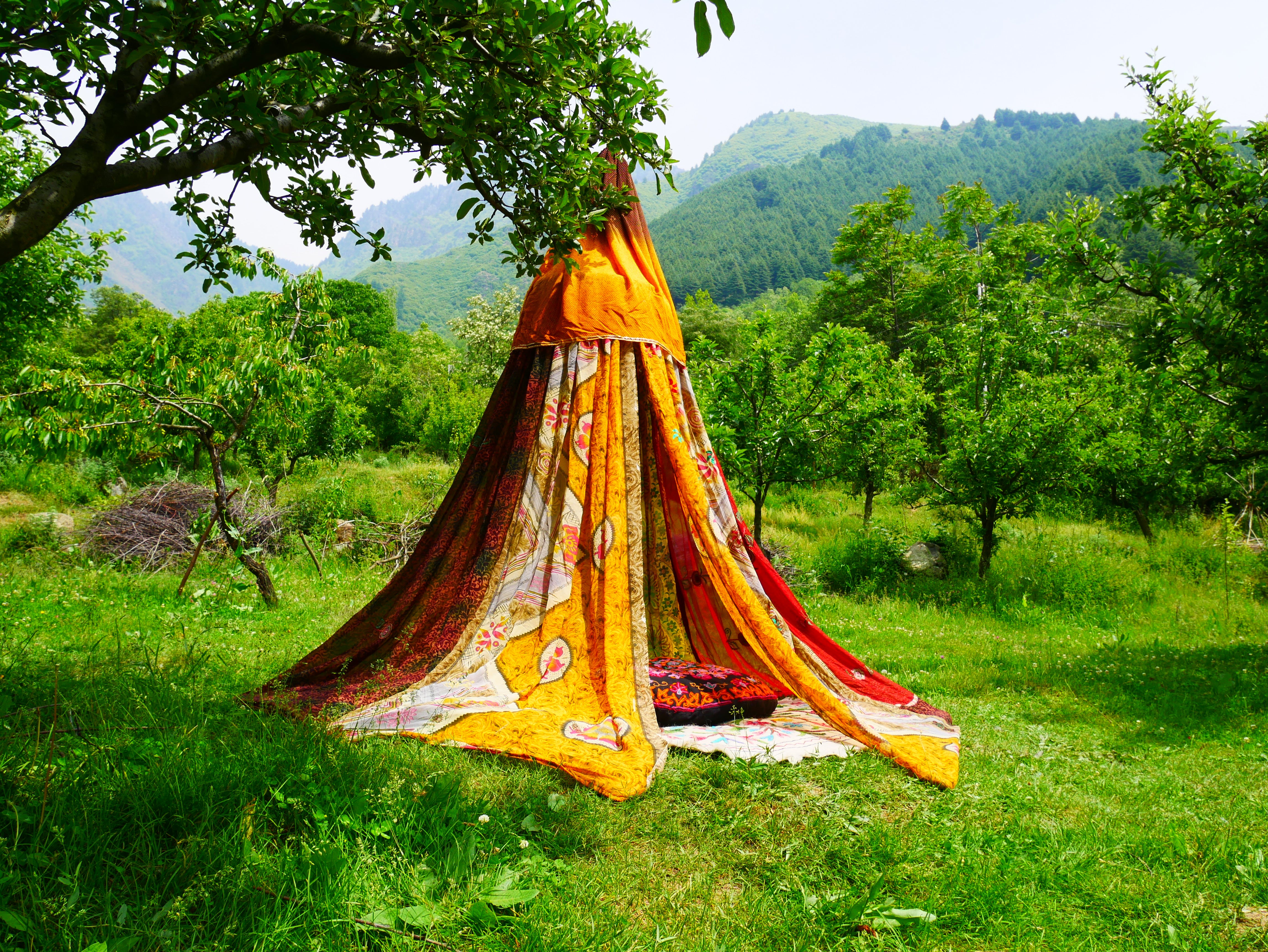 Shanti Canopy Saree tent - bed canopy | Kashmiri baldachin for Meditation Spaces or Reading nooks