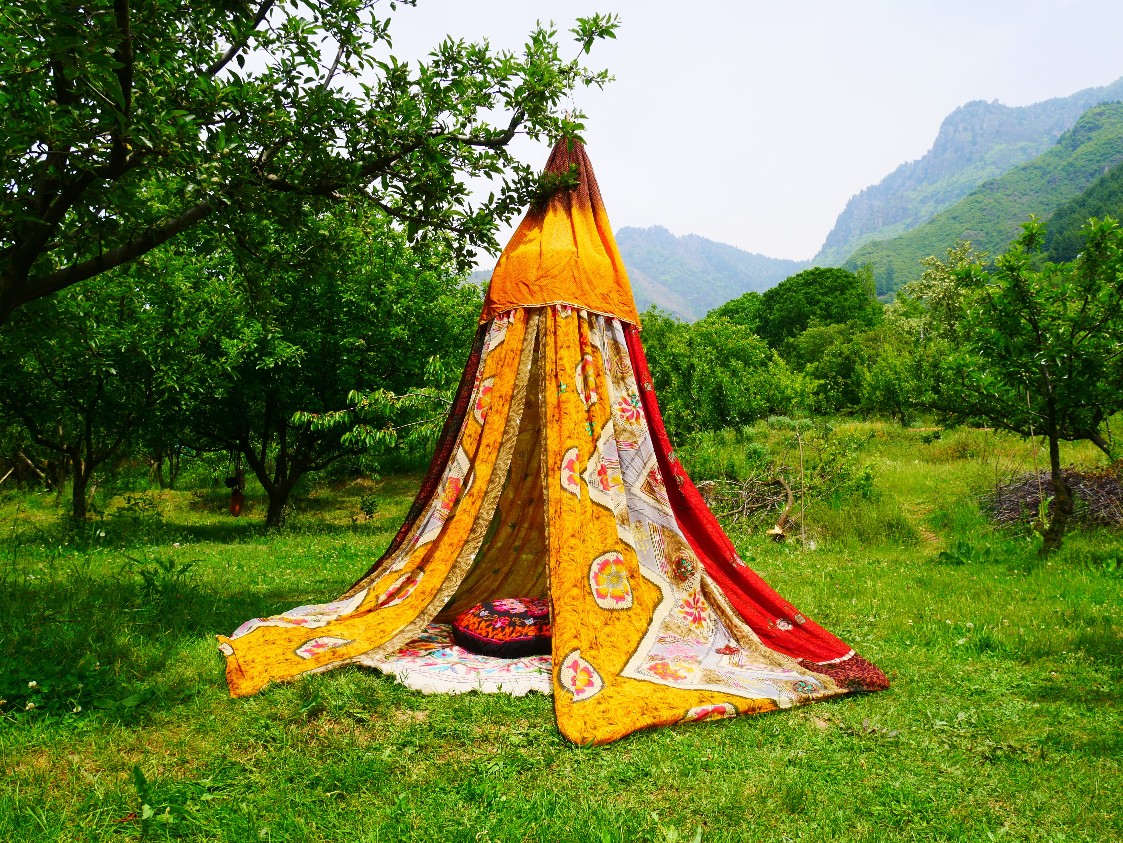 Shanti Canopy Saree tent - bed canopy | Kashmiri baldachin for Meditation Spaces or Reading nooks