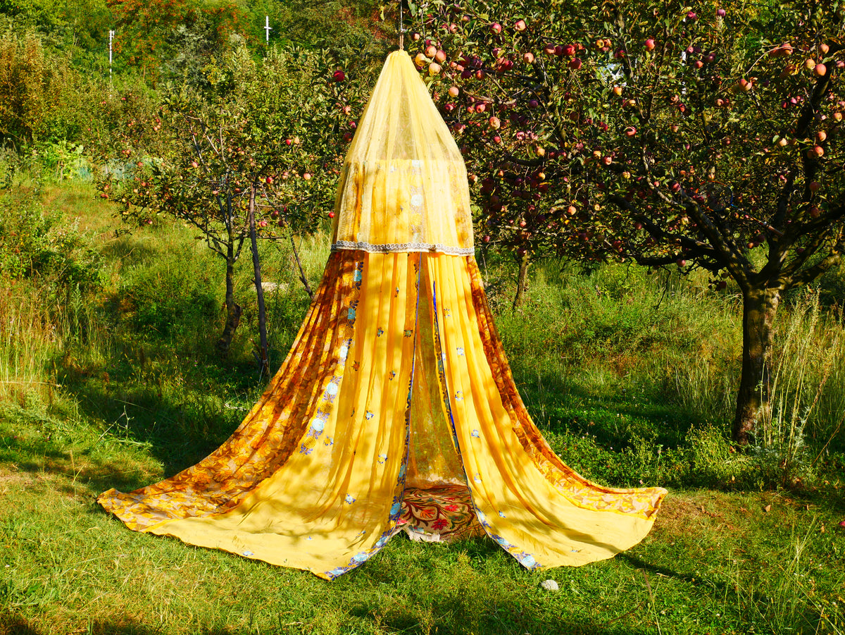 Handmade canopy Saree tent - bed canopy  | Colorful reading nook decor - Shanti baldachin for Meditation Spaces or kids play tent
