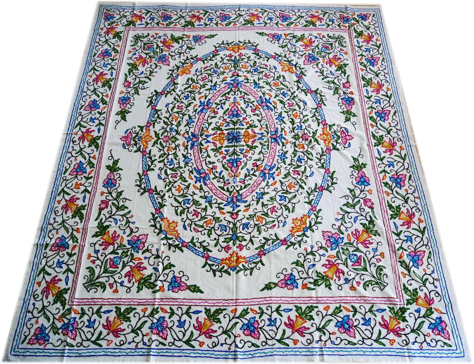 Hand embroidered Kashmiri bedspread - colorful crewel embroidery - large boho bed throw - The Shanti Home