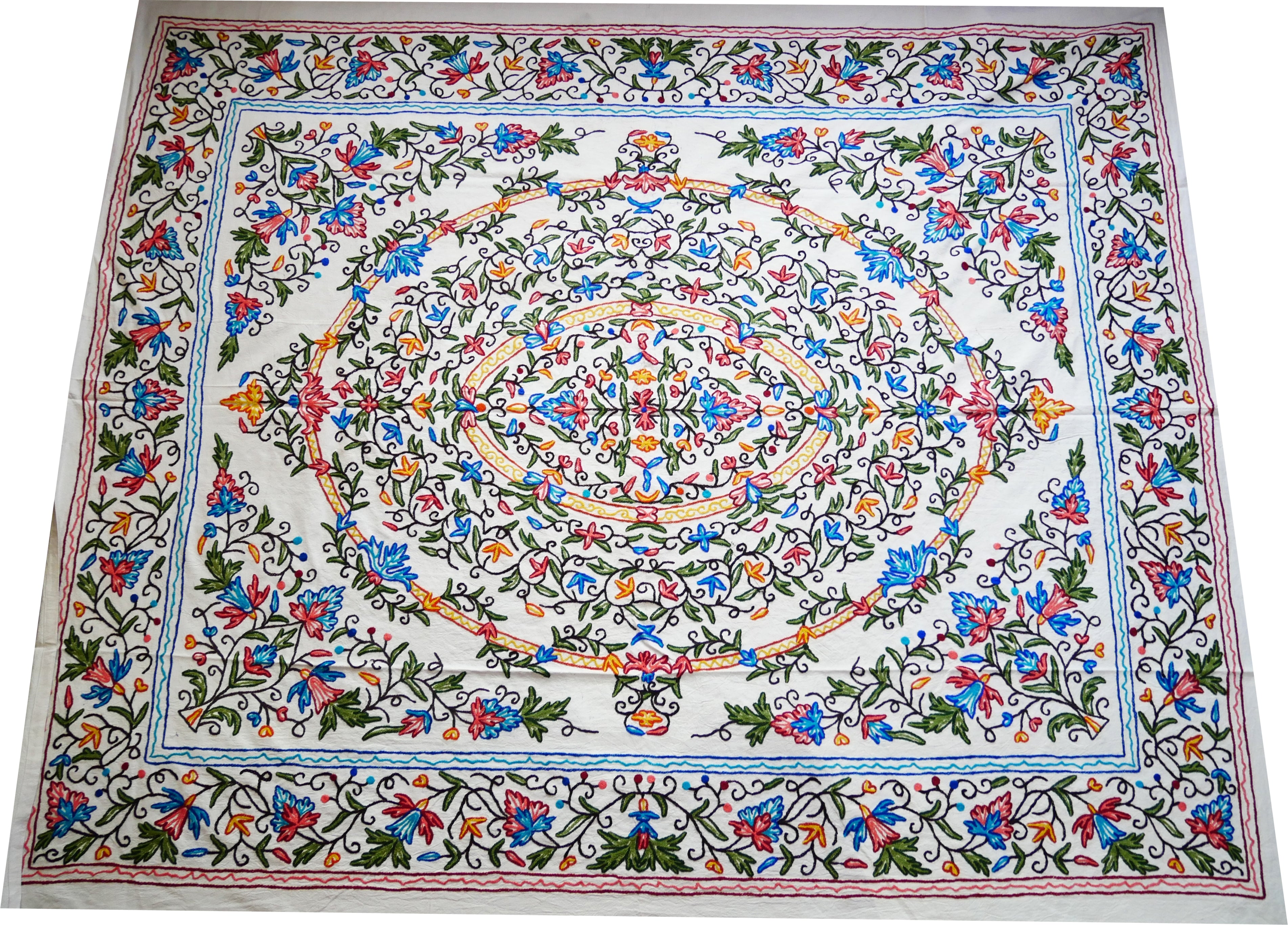 Hand embroidered Kashmiri bedspread - colorful crewel embroidery - large boho bed throw - The Shanti Home