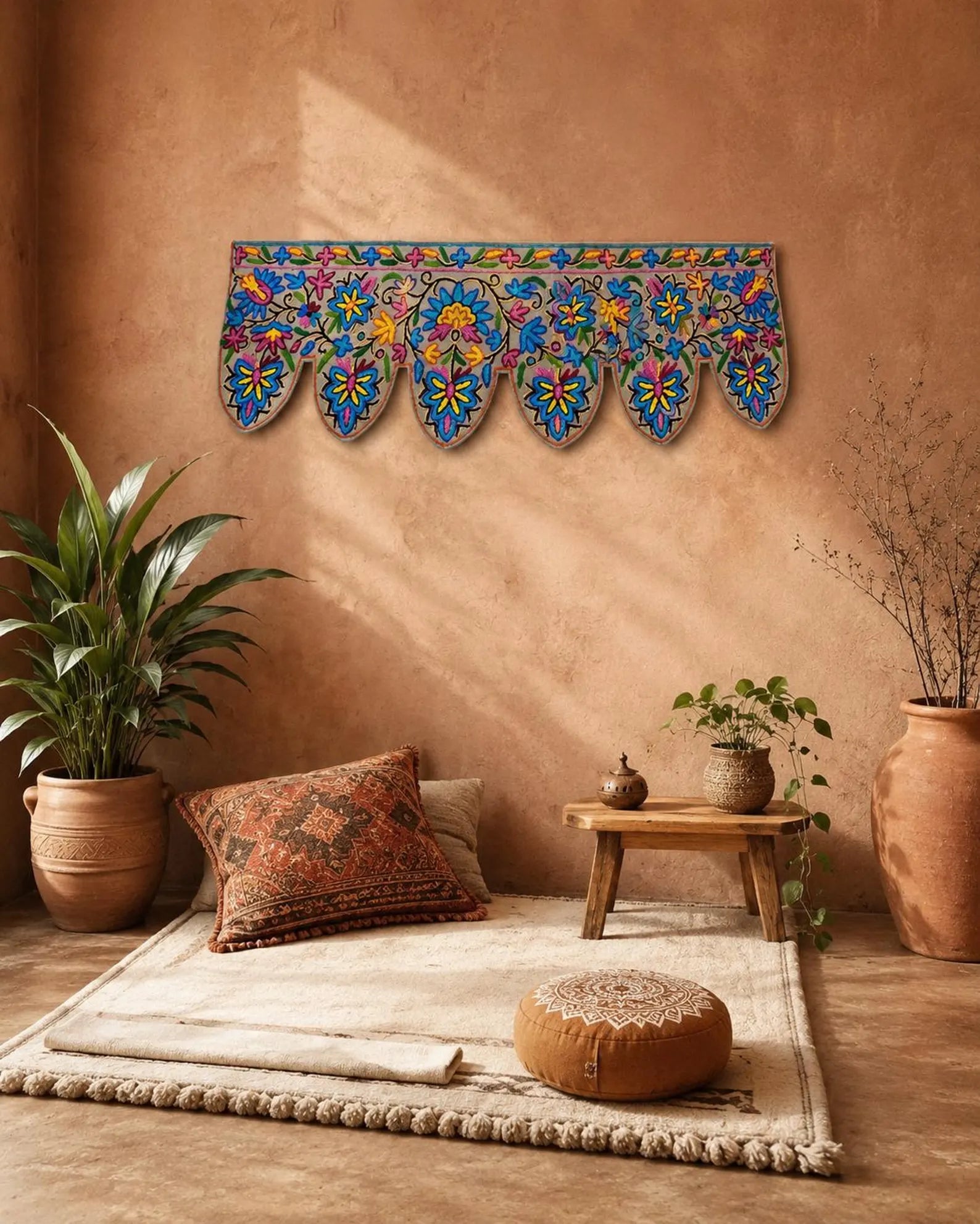 Kashmiri Toran Door Valance 39" Hand-Embroidered Floral Cotton & Wool Banner Crewel embroidery, Boho Wall/Window Decor