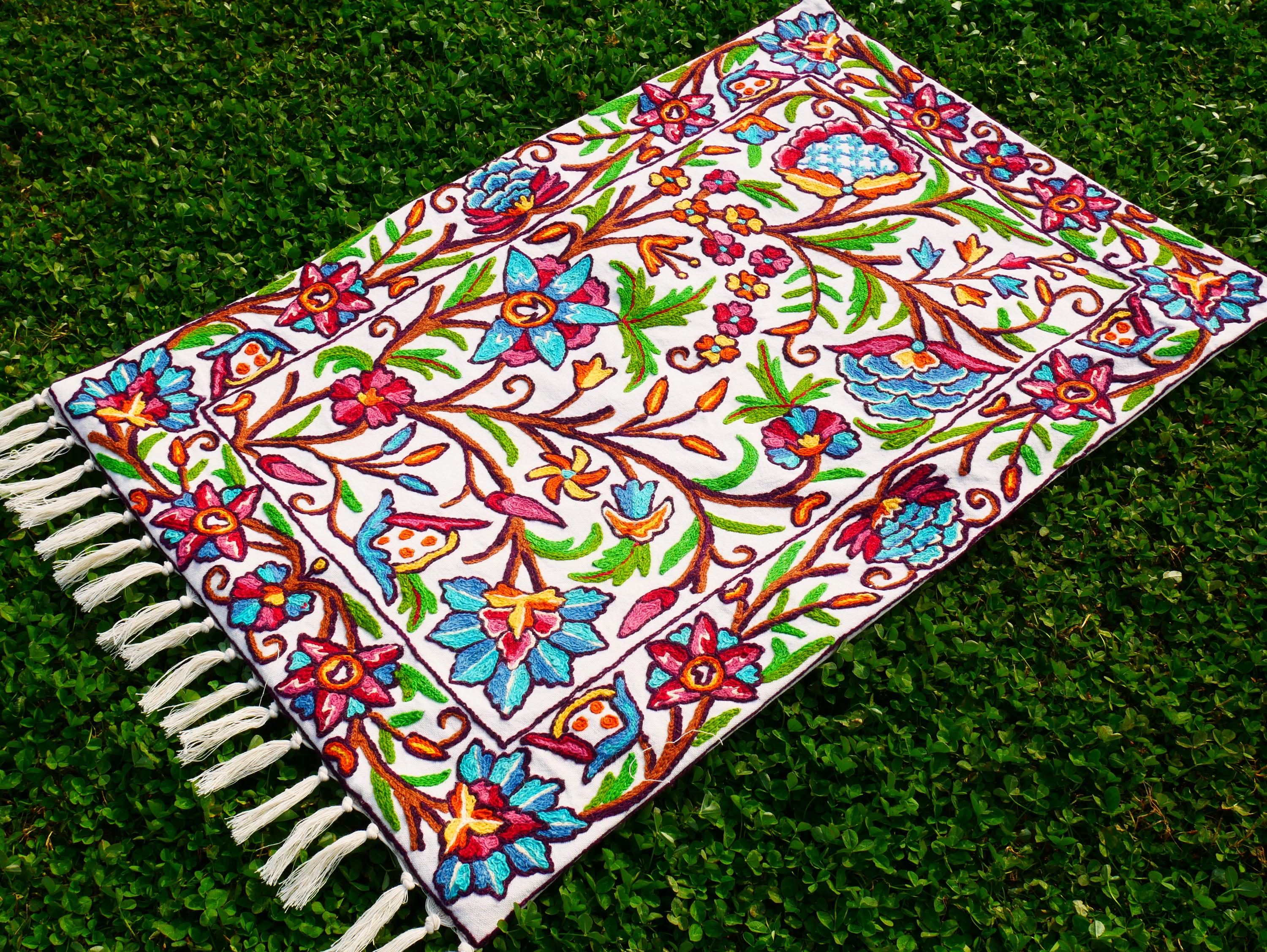 Kashmiri Embroidered Wall Hanging — Floral design, Wool on Cotton
