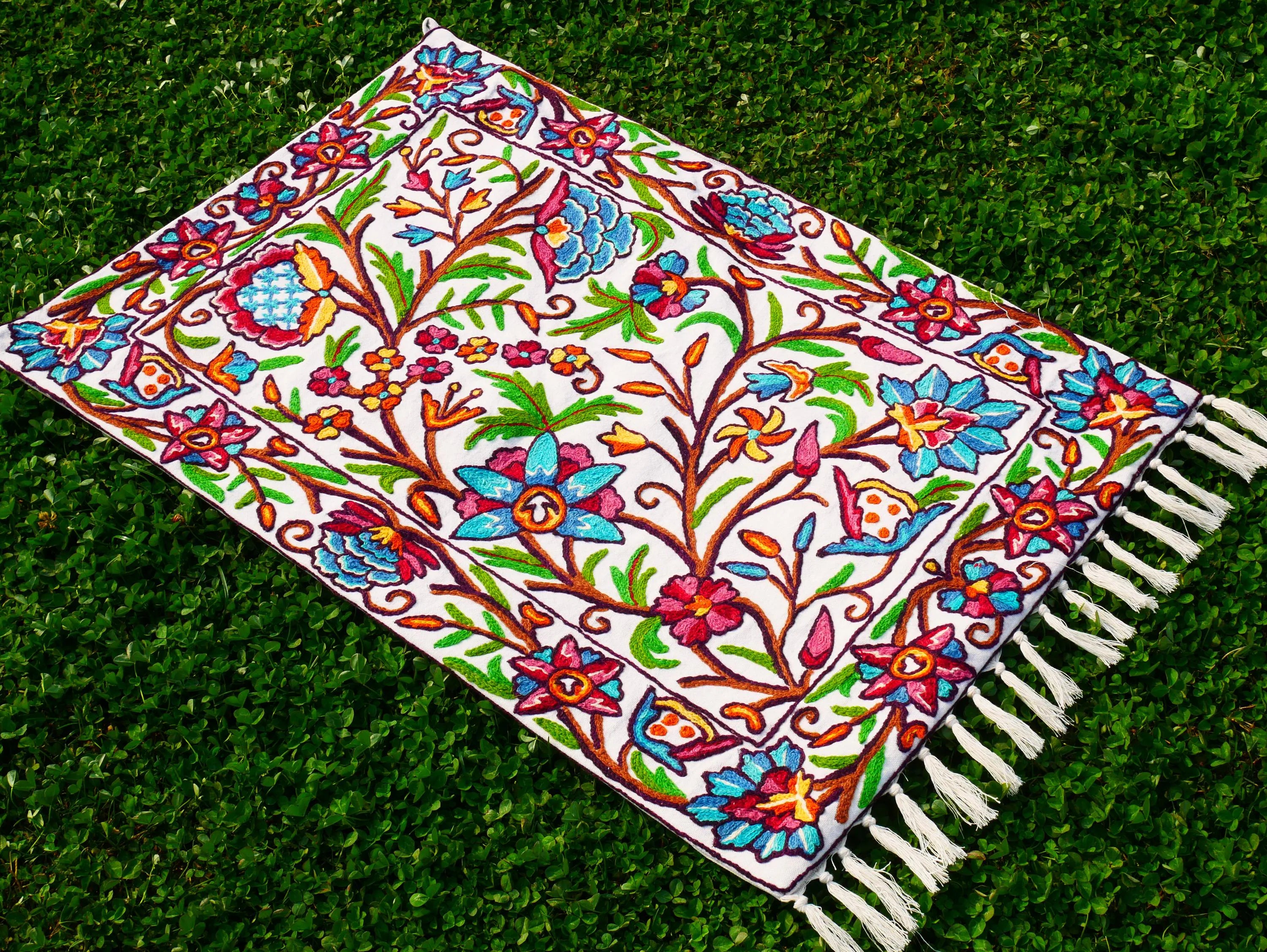 Kashmiri Embroidered Wall Hanging — Floral design, Wool on Cotton