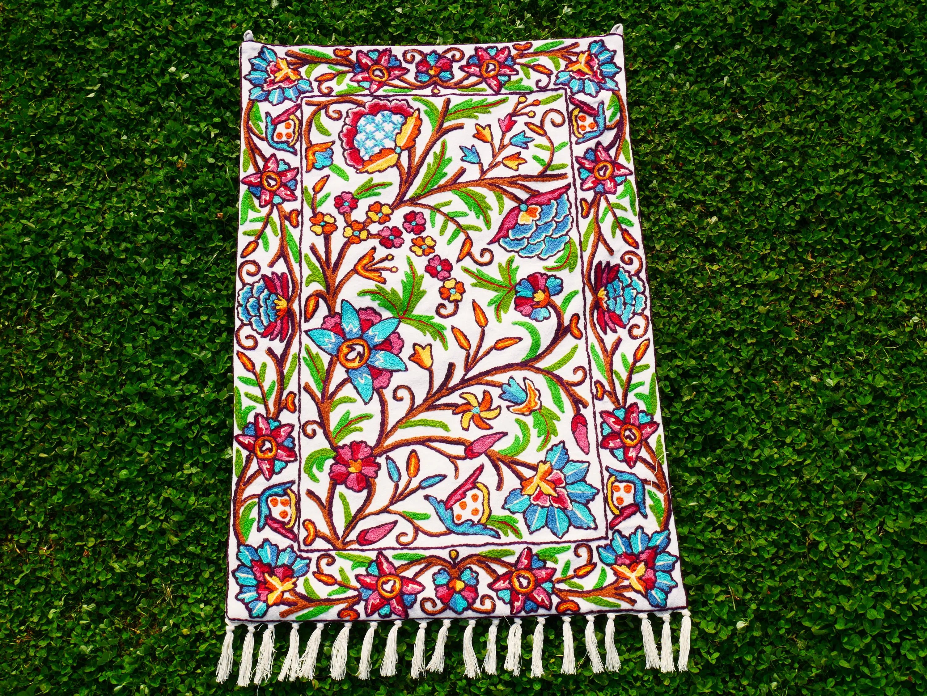 Kashmiri Embroidered Wall Hanging — Floral design, Wool on Cotton