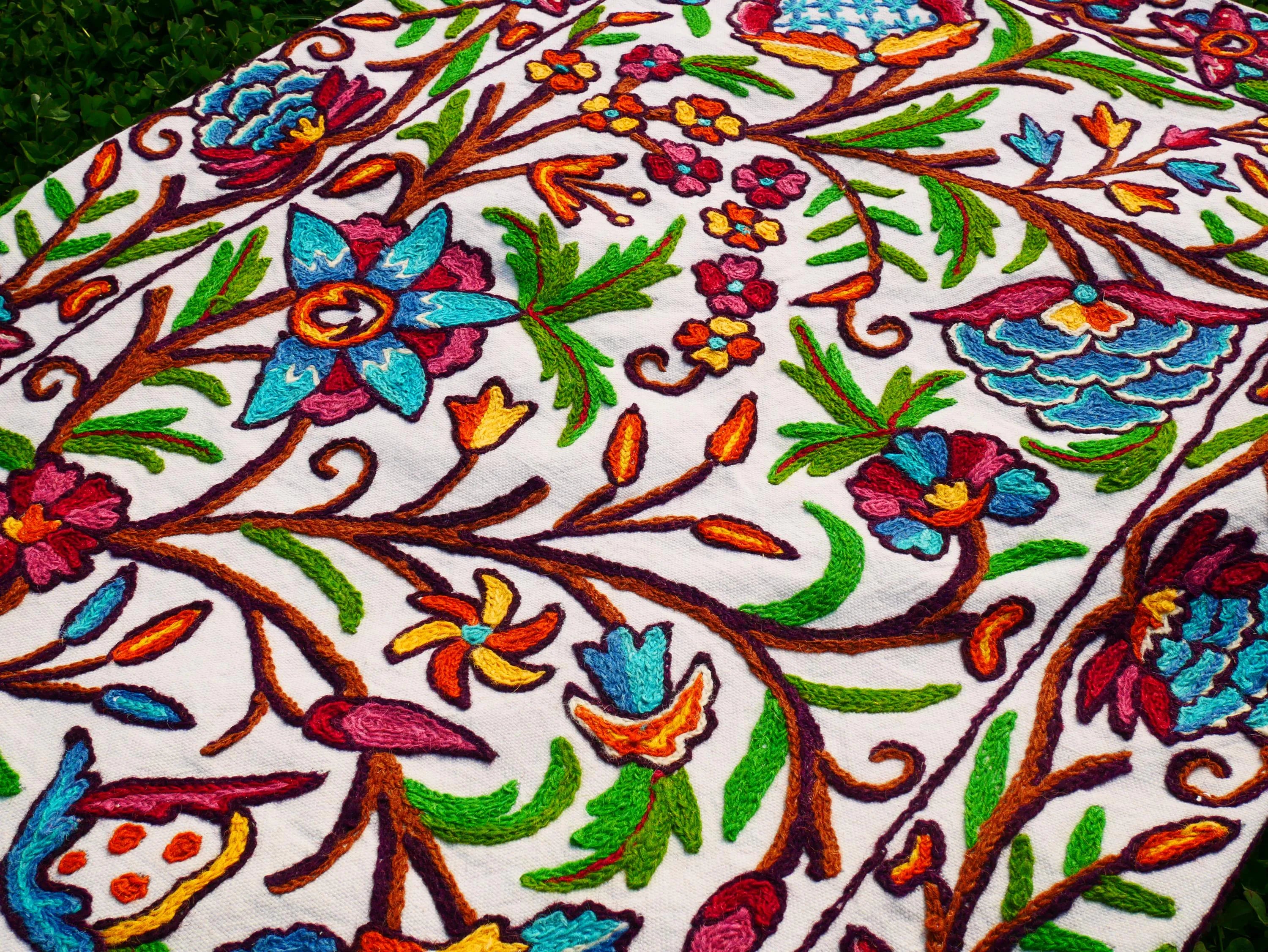 Kashmiri Embroidered Wall Hanging — Floral design, Wool on Cotton