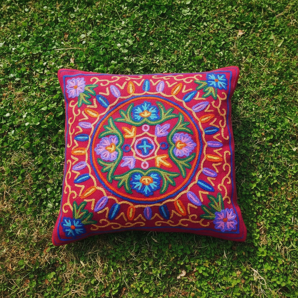 Colorful Kashmiri Crewel Pillow Covers: Handcrafted by Artisans  16x16 inches